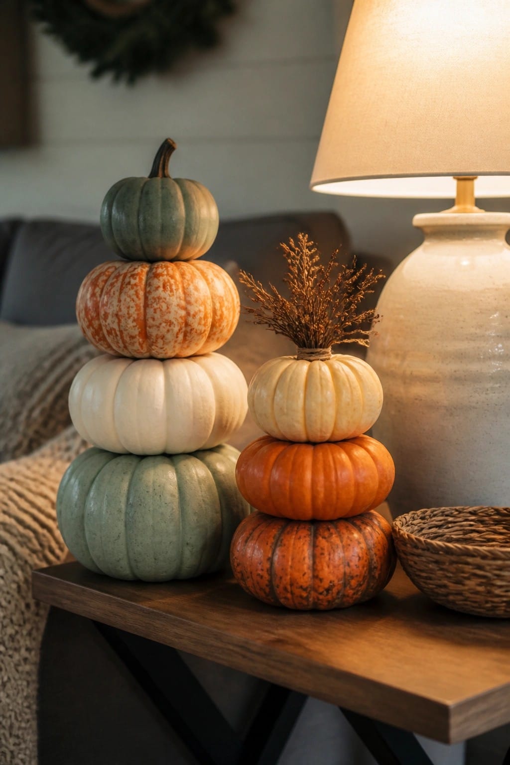 Two stacks of multicolored pumpkins arranged on a dark wood table next to a lamp in a living room setting.