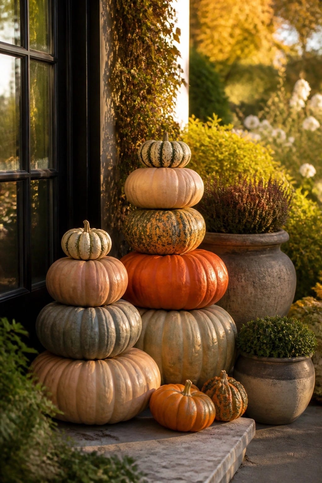 Stacked colorful pumpkins beside black door with potted plants and autumn foliage