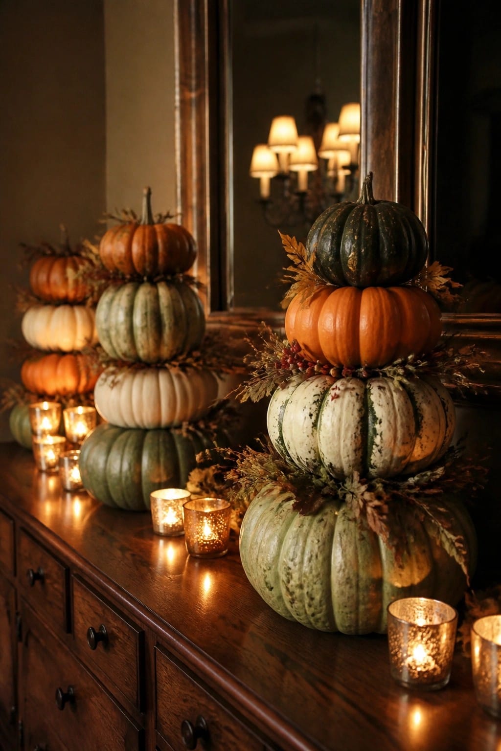 Tall stacks of orange, white, and green pumpkins arranged on a dark wood console table with lit candles and a large mirror behind them.
