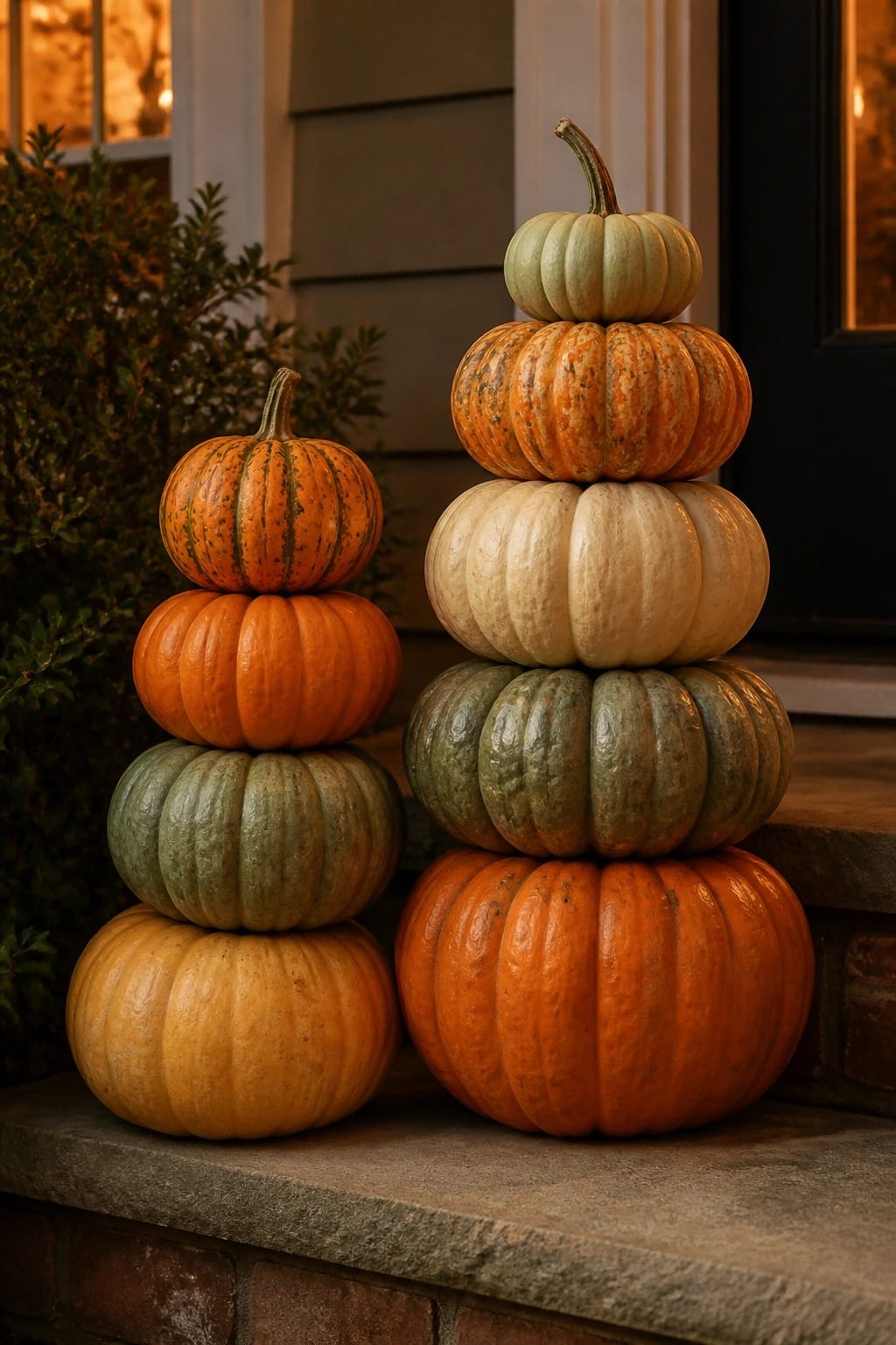 Two stacks of pumpkins in orange, green, and cream tones arranged on stone steps outside a front door.