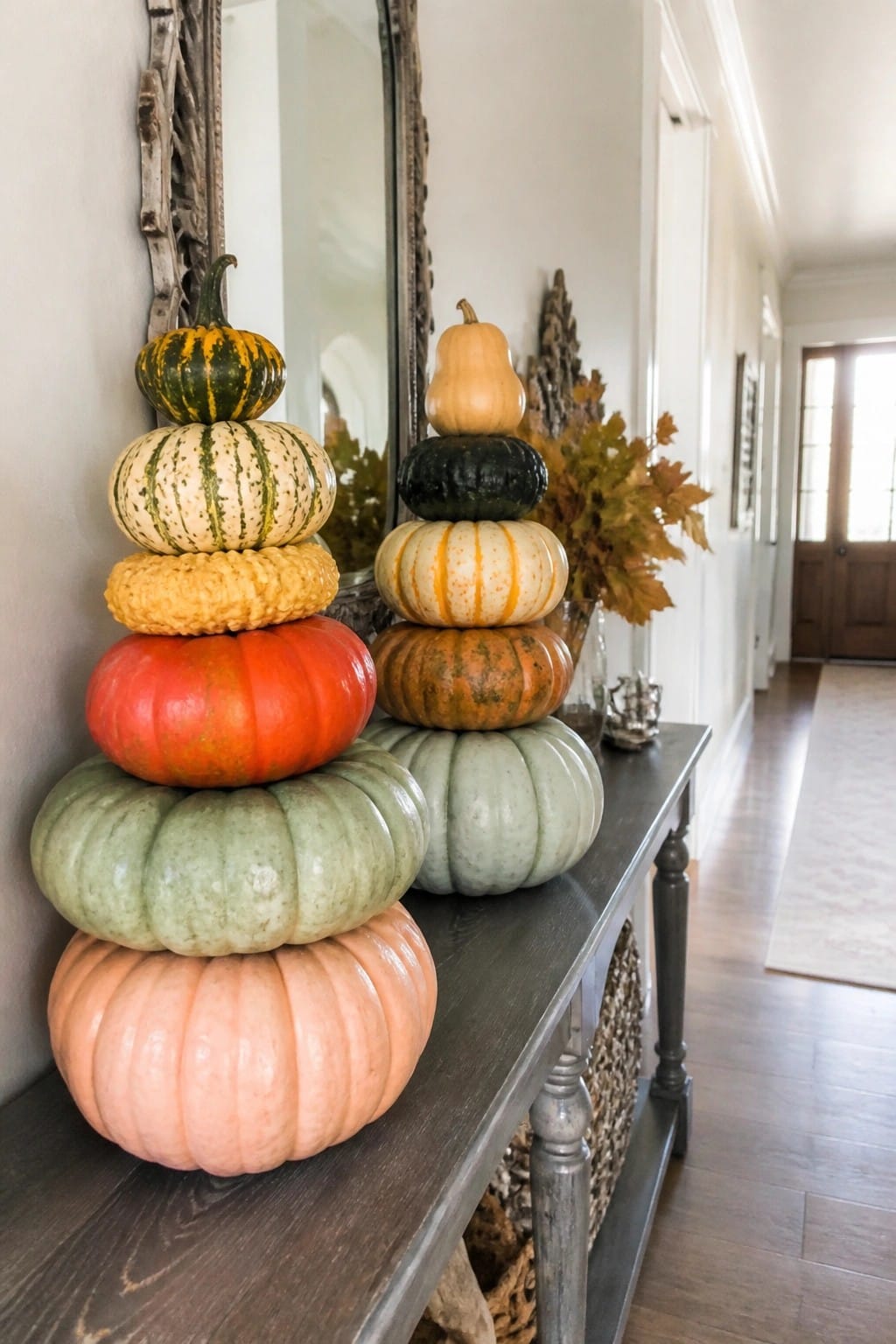 Stacked pumpkins of various colors and shapes arranged in two towers on a dark wood console table in an entryway.