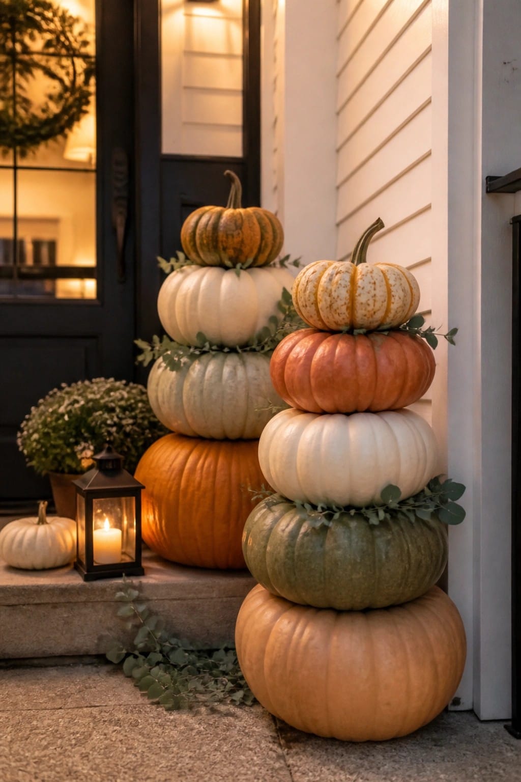 Stacked white, orange, and green pumpkins beside lit lantern on porch steps