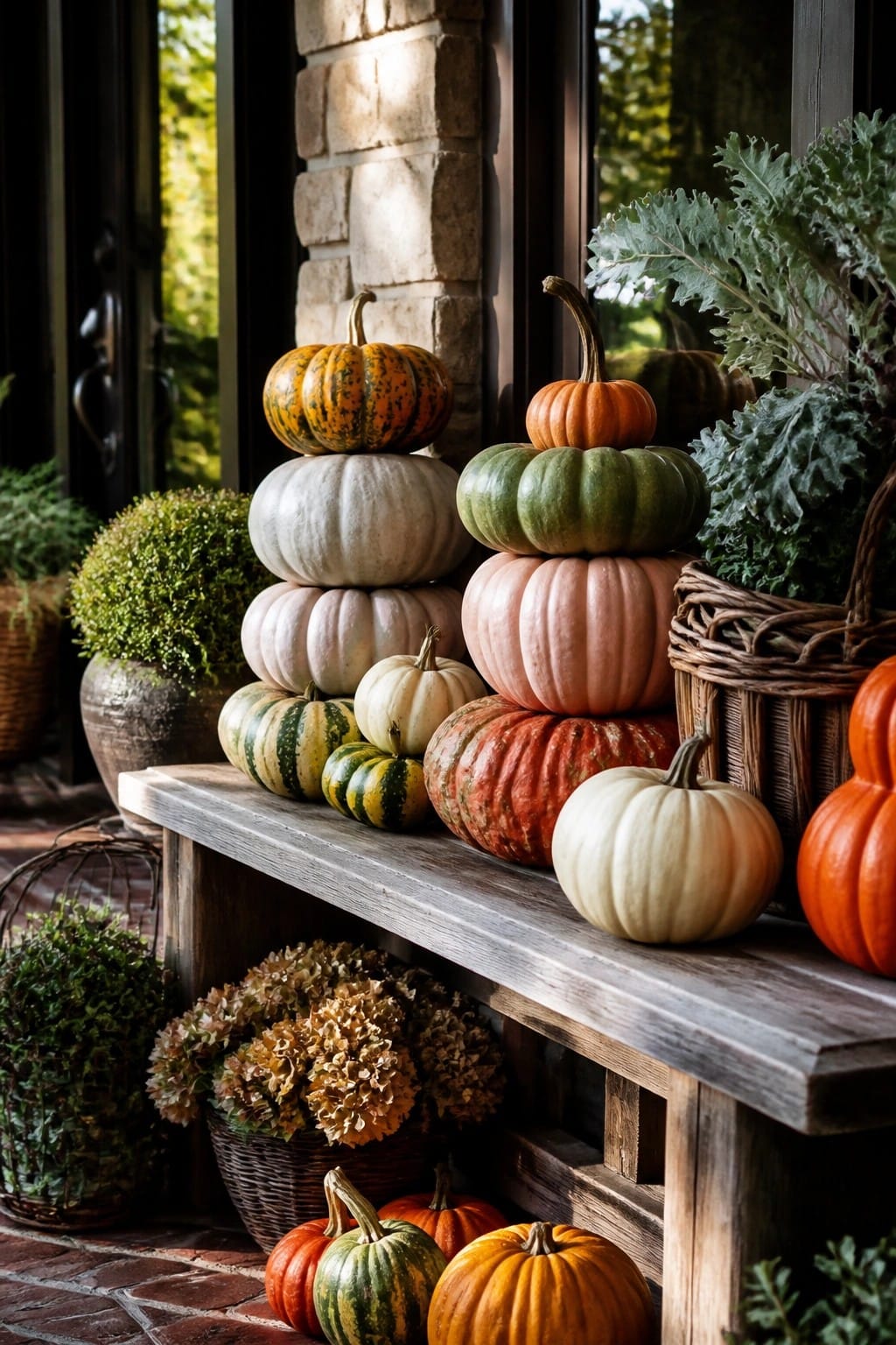Wooden bench on a porch holding multiple stacks of pumpkins in white, orange, green, and striped varieties with some decorative kale and dried flowers nearby.