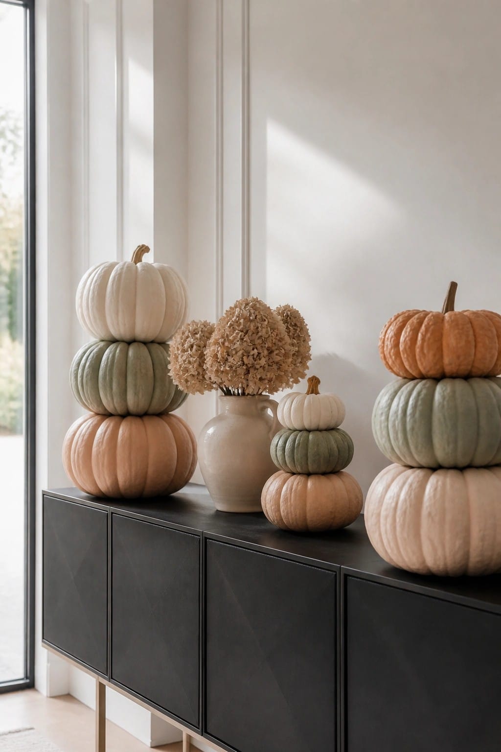 Black console table with multiple stacks of neutral pumpkins in white, sage green, and peach tones arranged beside a ceramic vase of dried hydrangeas.