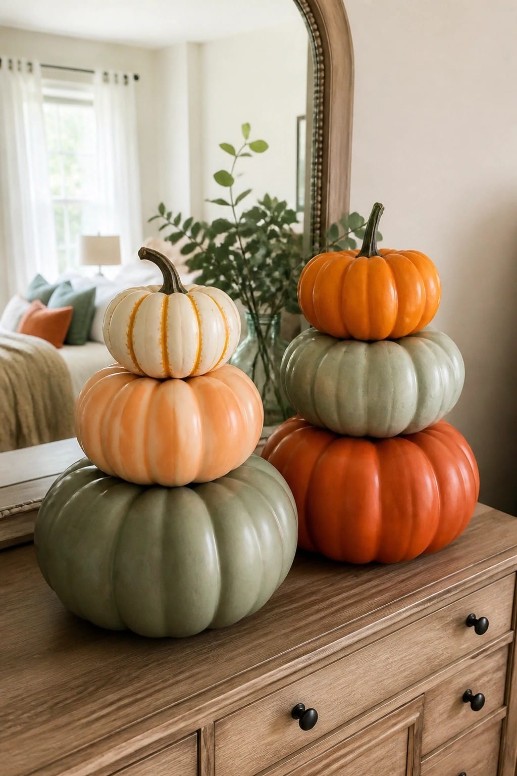 Two stacks of painted pumpkins in muted orange, green, and white sit on a wooden dresser below a mirror.