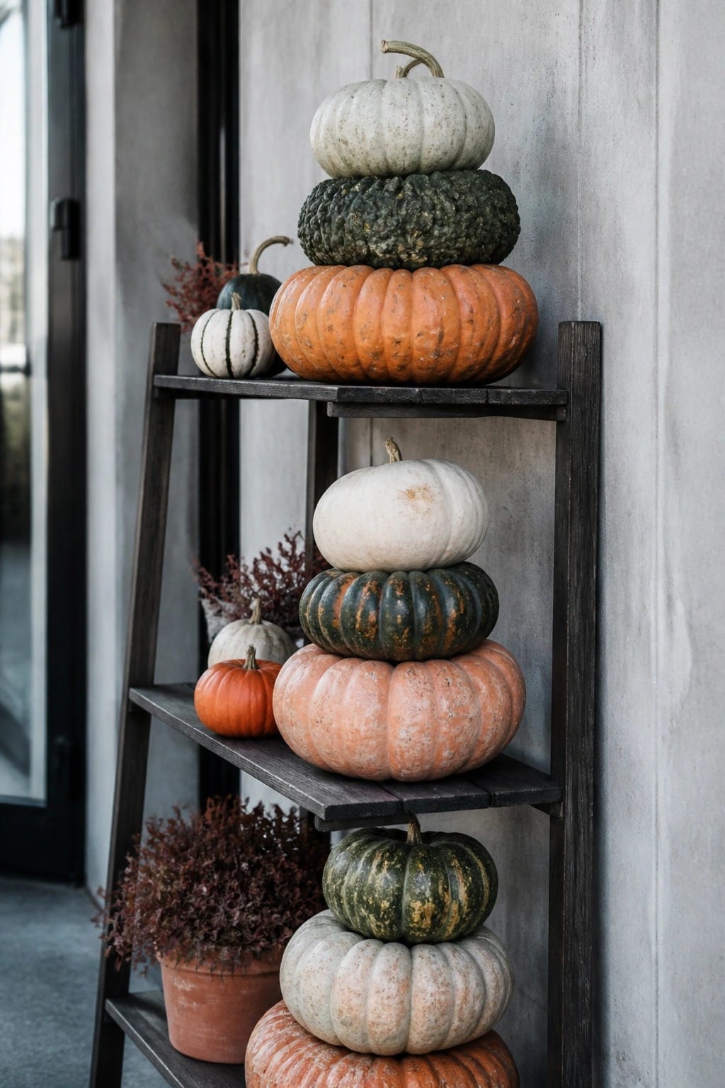 Wooden ladder shelf stacked with colorful pumpkins against gray wall with autumn plants.