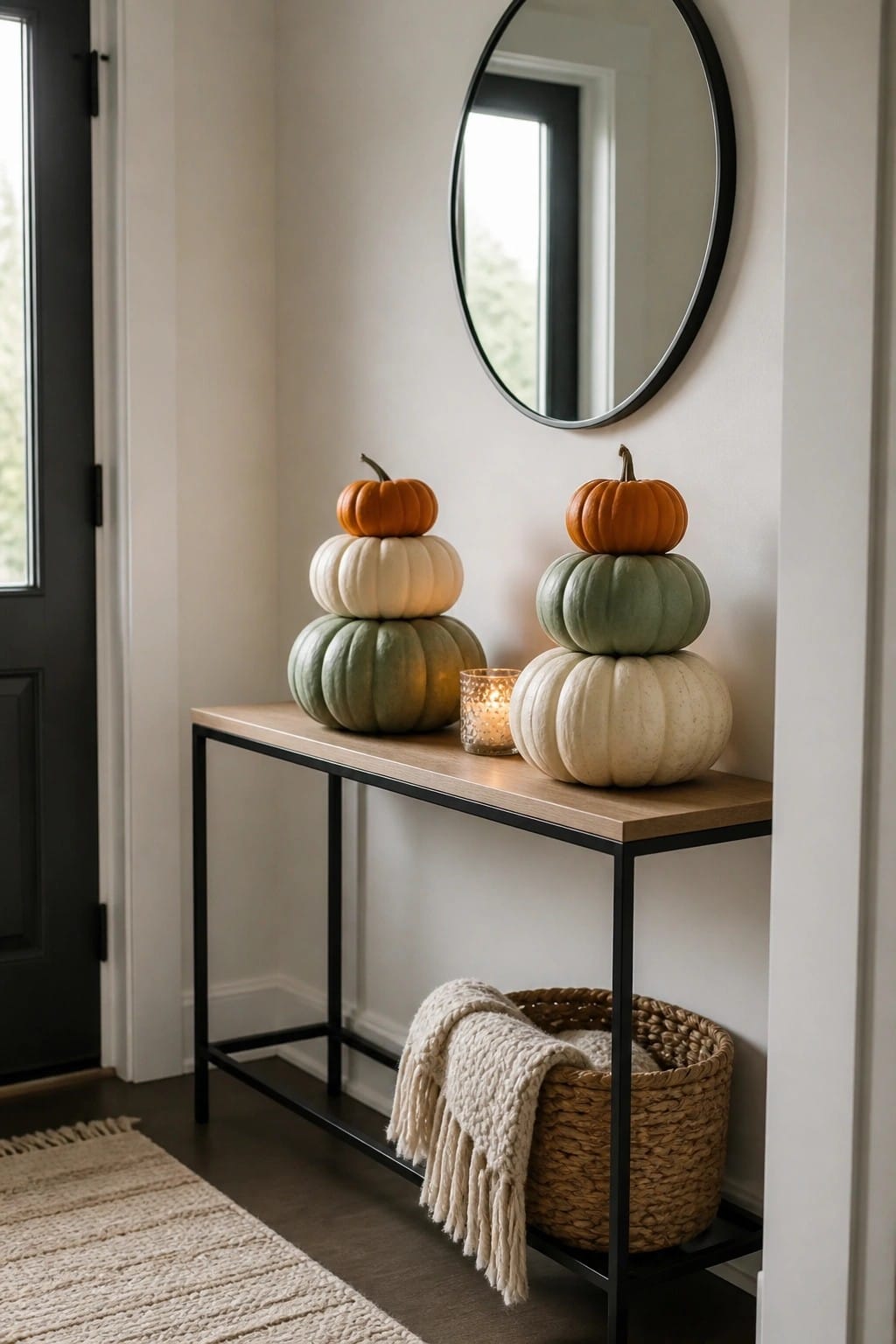 Entryway console table with two stacks of neutral toned pumpkins placed beside a round wall mirror.