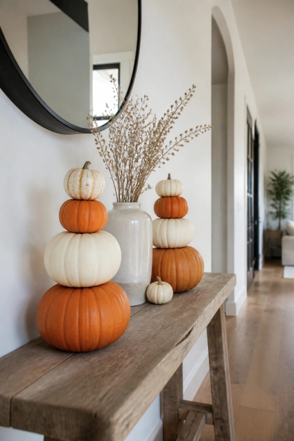 Wooden console table in an entryway with two stacks of orange and white pumpkins and a vase of dried stems between them.