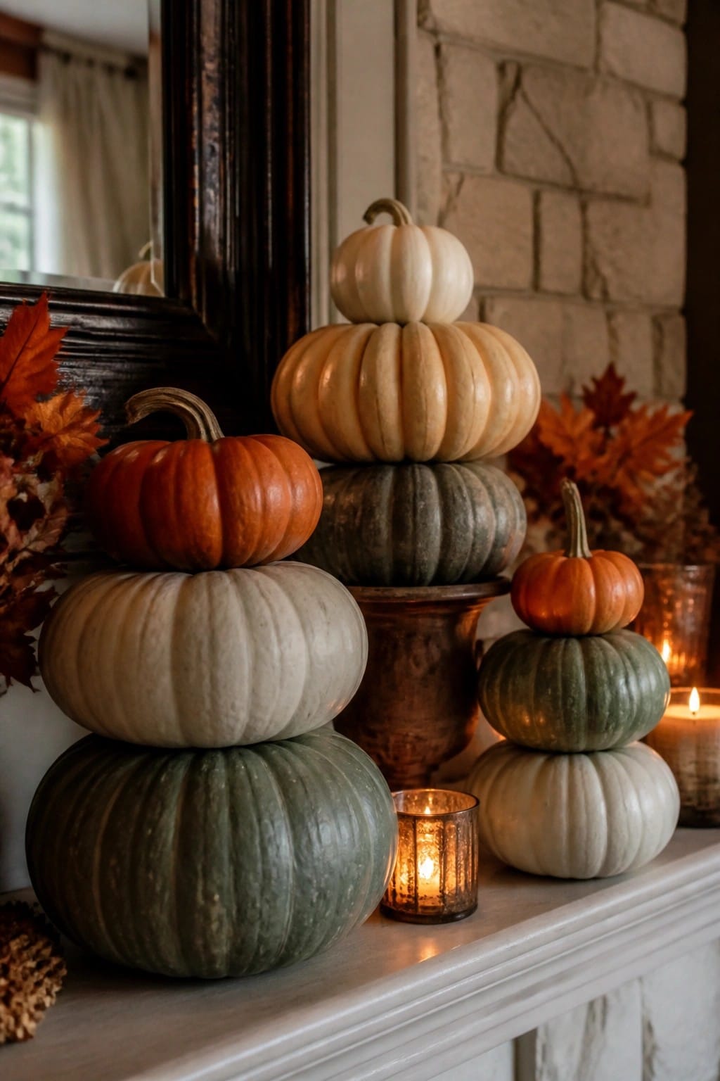 Mantel with multiple stacks of pumpkins in orange, white, and green tones placed beside lit candles.