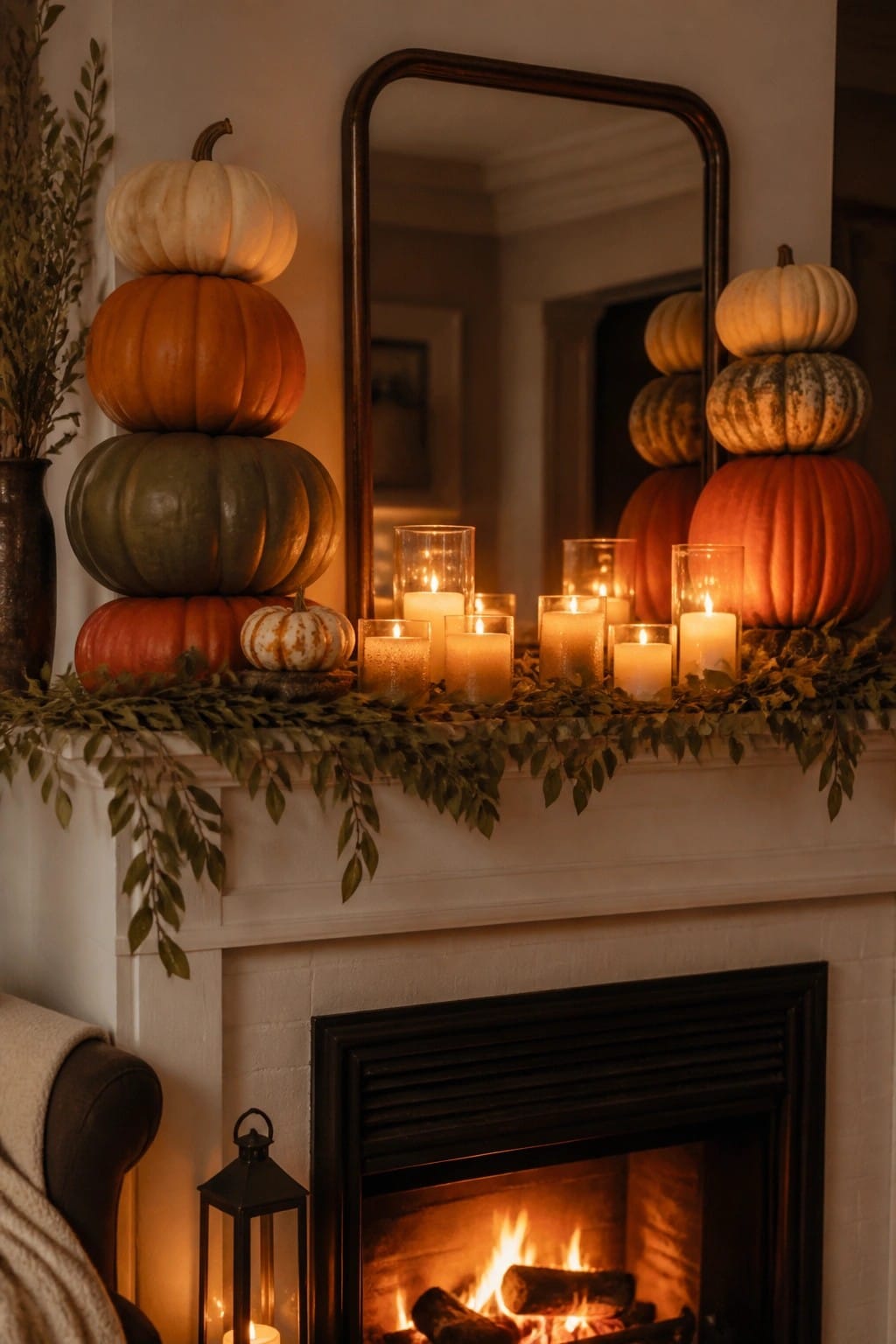 Cozy white fireplace mantel with stacked pumpkins, lit candles, garland, and burning fire.