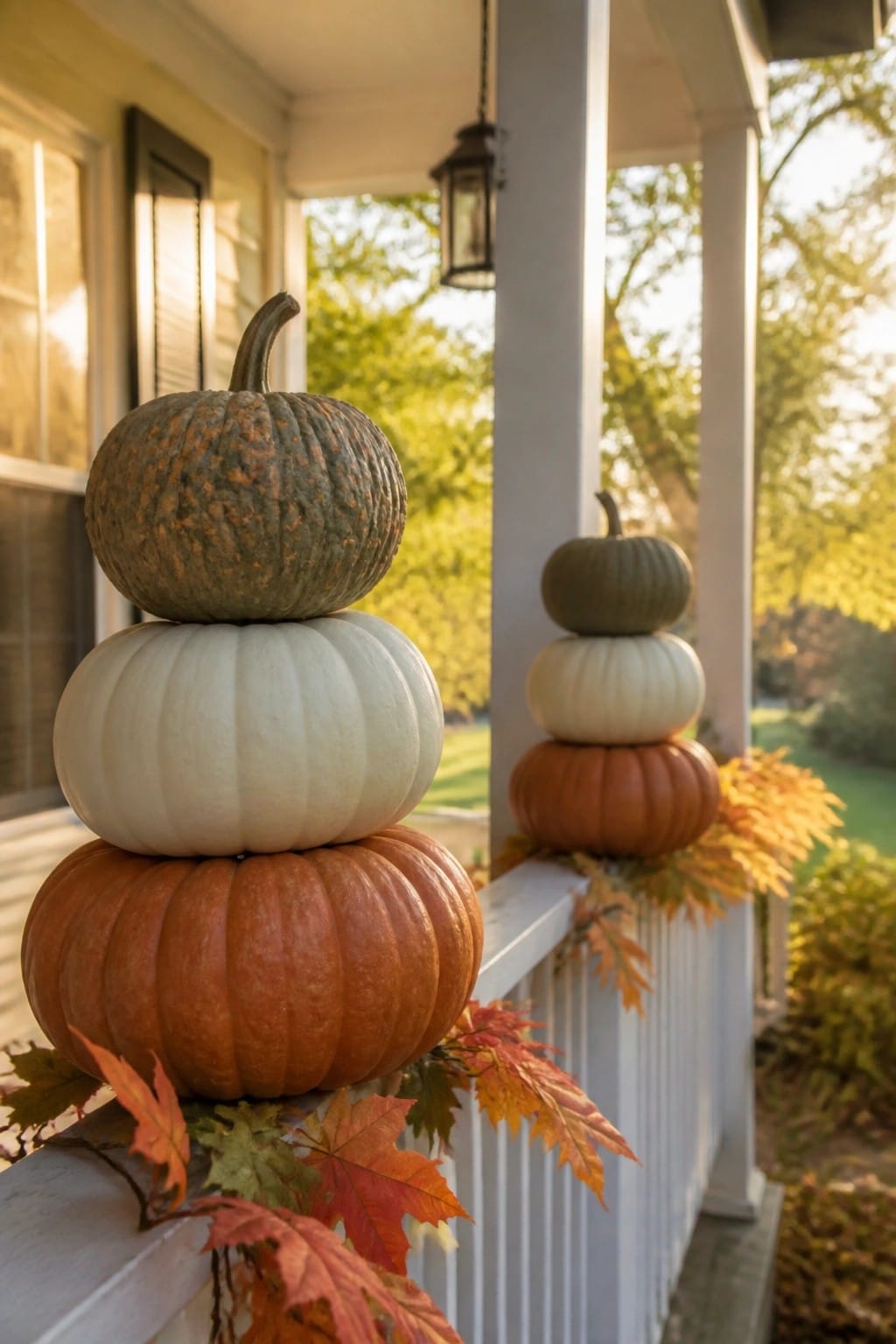 Stacked orange, white, and green pumpkins on porch railing with fall leaves