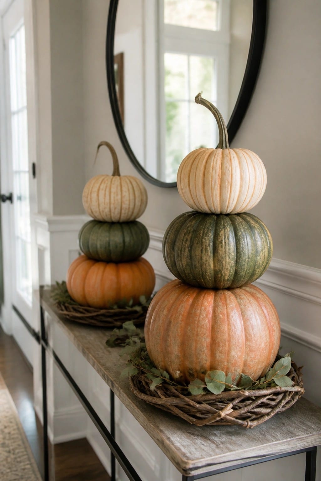 Console table in an entryway holding two stacks of pumpkins in orange, green, and cream colors, each set inside a woven basket base.