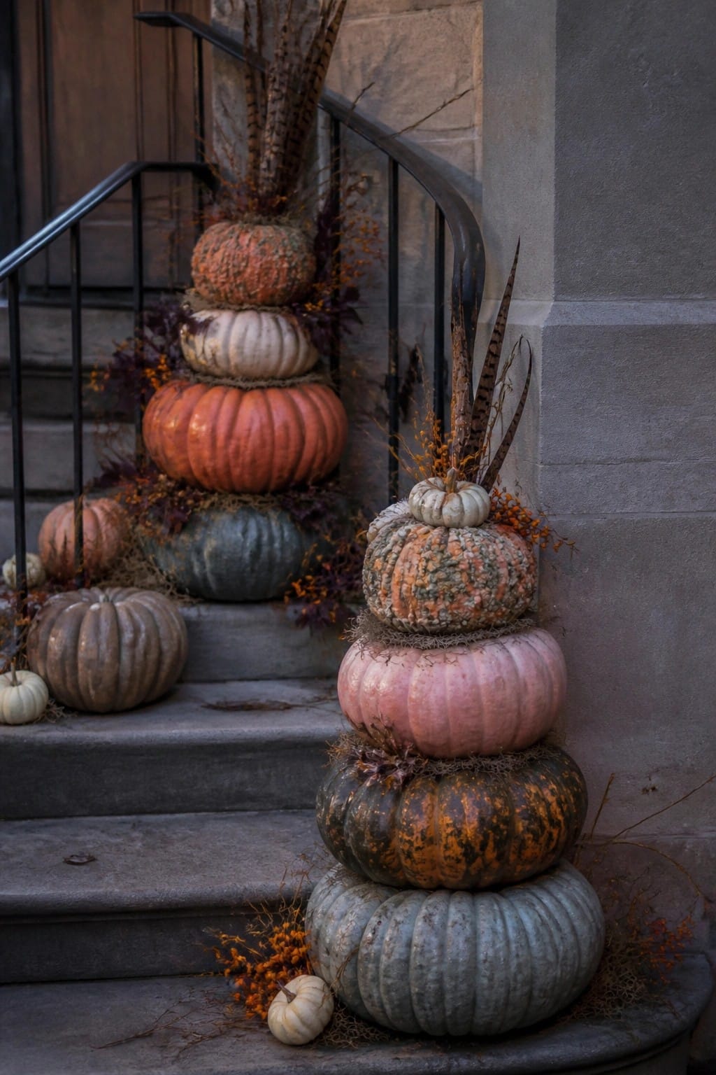 Stone steps lined with several tall stacks of pumpkins in different sizes and colors, accented with dried grasses.