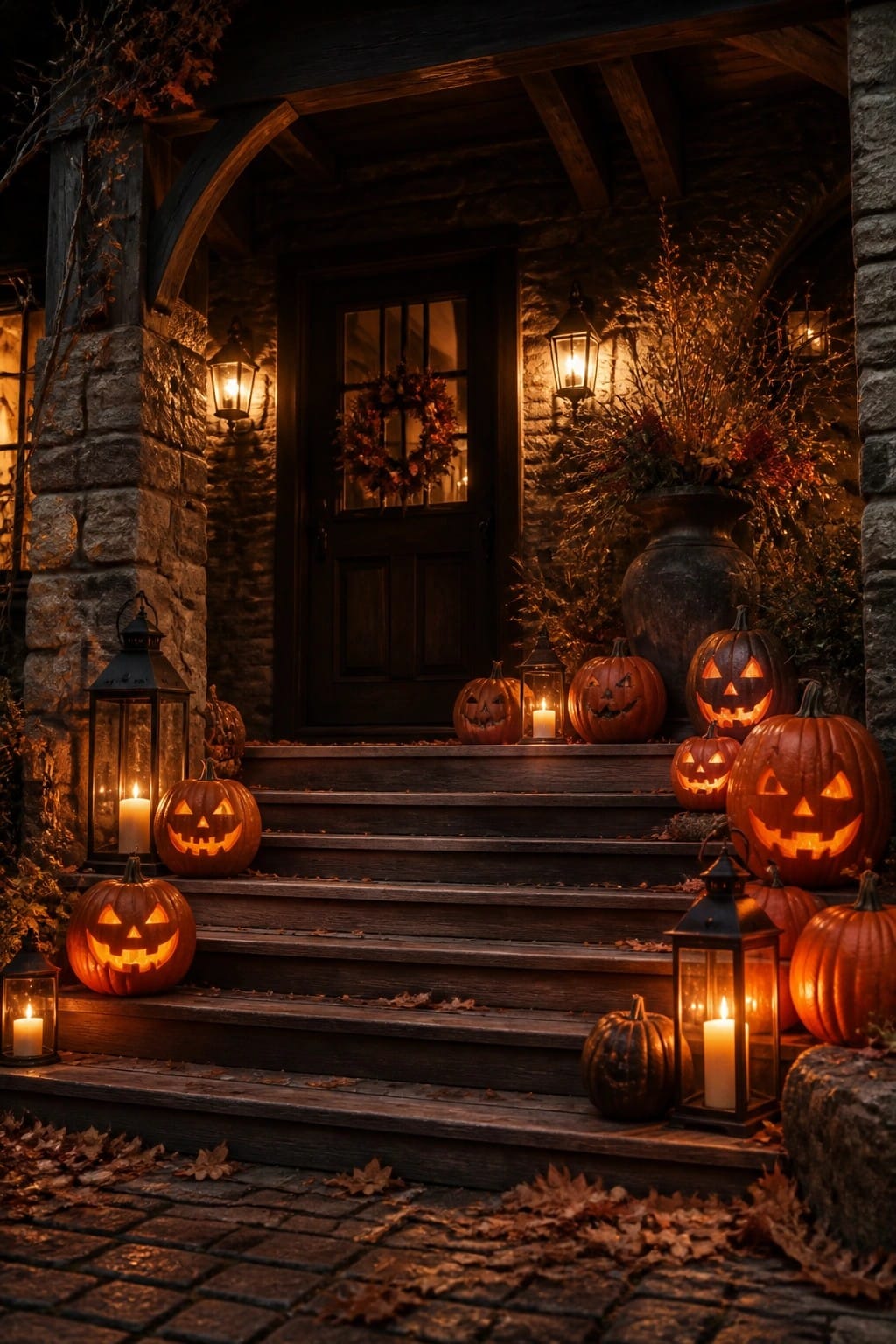 Stone house entrance with multiple carved and glowing jack-o'-lanterns arranged on the wooden steps next to a dark door.