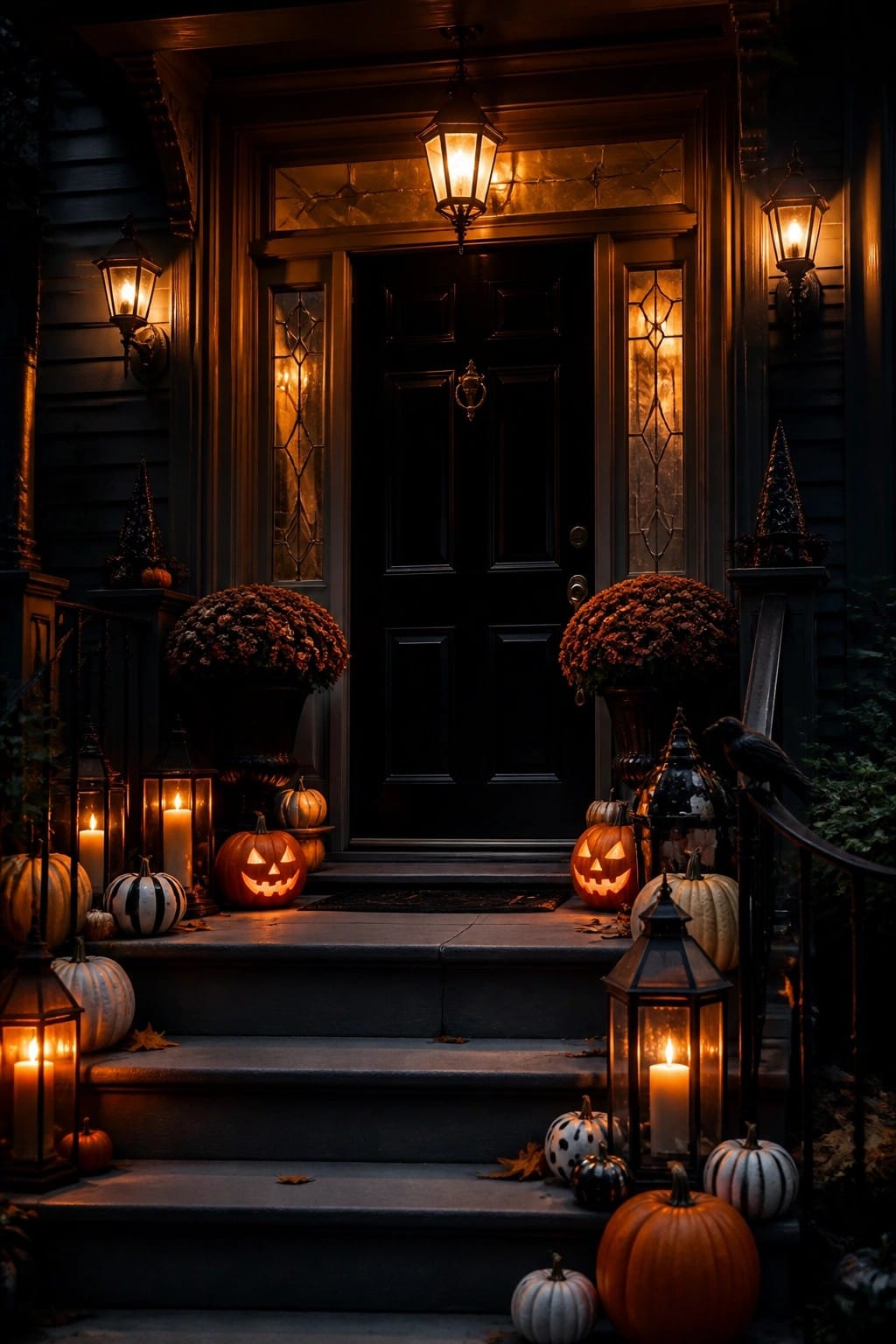 Front entrance steps lined with carved jack-o'-lanterns, lanterns, and pumpkins leading up to a black door.