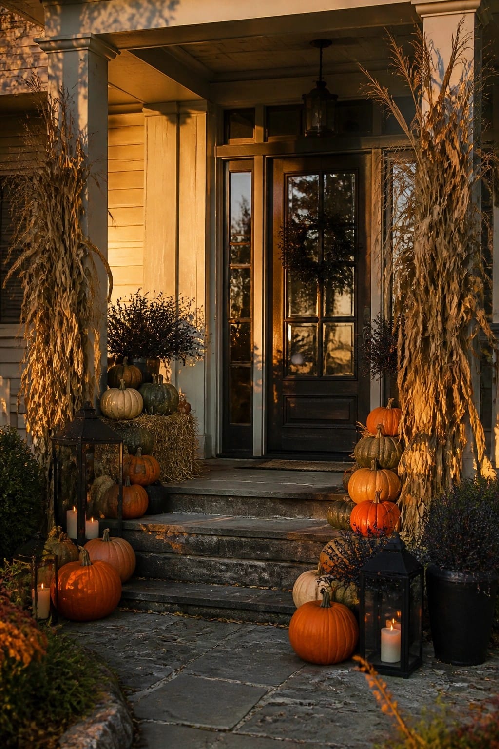 Pumpkins, lanterns, and corn stalks decorate stone steps to a wooden door at dusk.