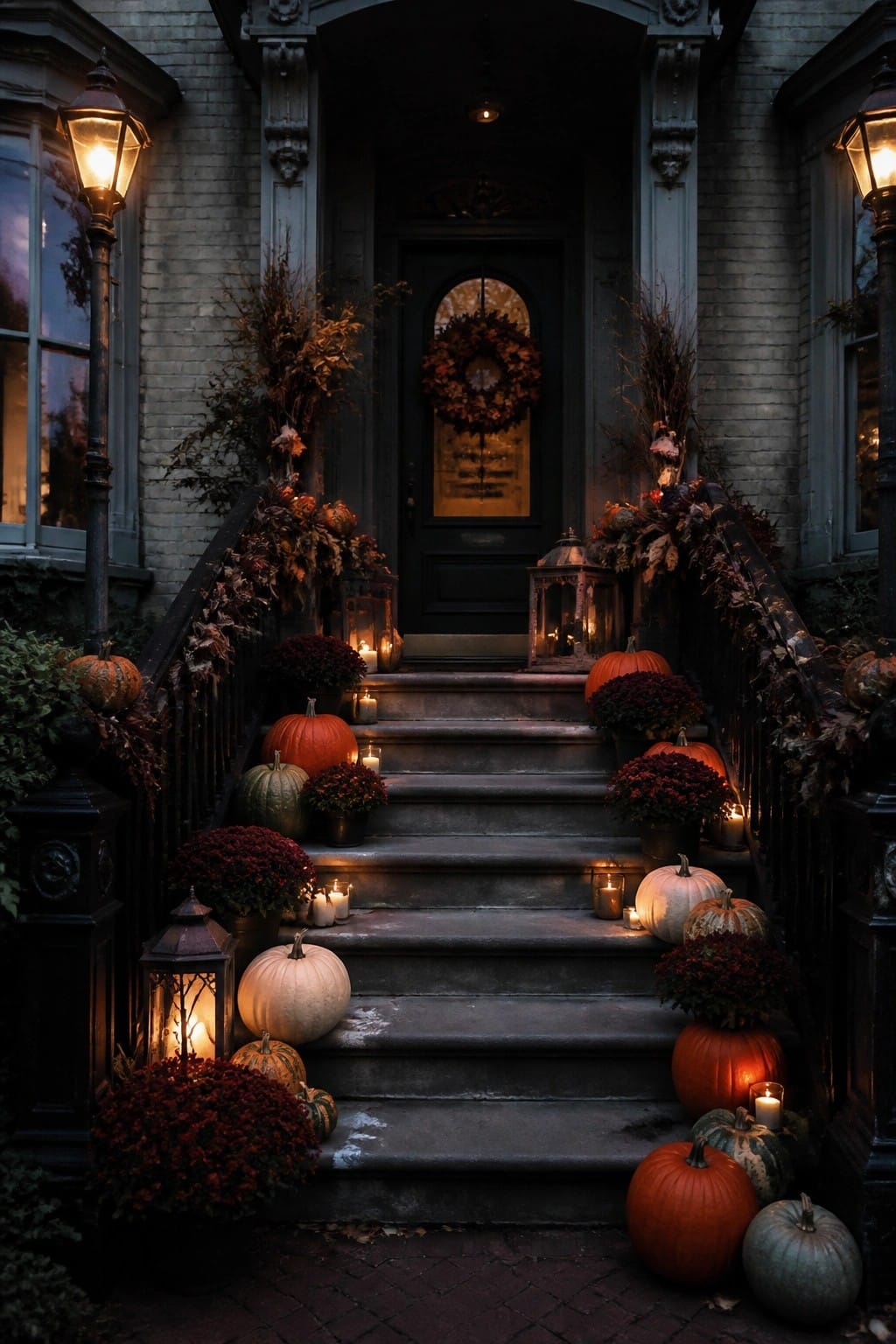 Front entrance stairs lined with orange, white, and green pumpkins, black lanterns, and potted mums leading to a dark door.