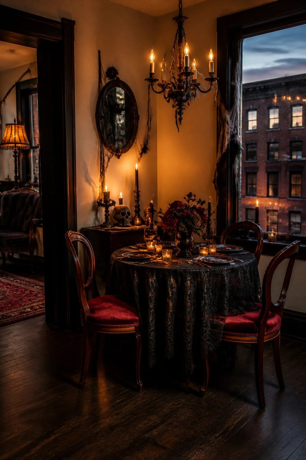A round dining table set with a black lace tablecloth, red velvet chairs, black candles, skulls, and cobwebs in a dimly lit room with a chandelier.