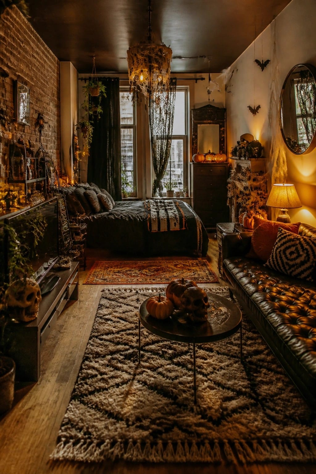 Small apartment living space with a large fake cobweb draped over the ceiling light fixture, black bats on the wall, and skulls with pumpkins on the coffee table.