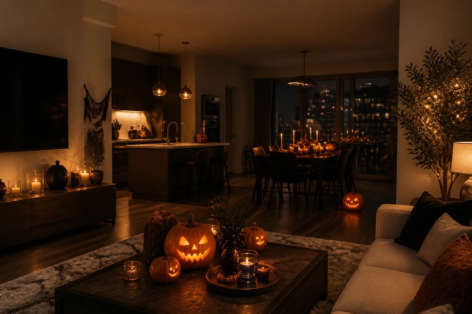 Apartment living room console decorated with standing skeletons, black branches, candles, and pumpkins.