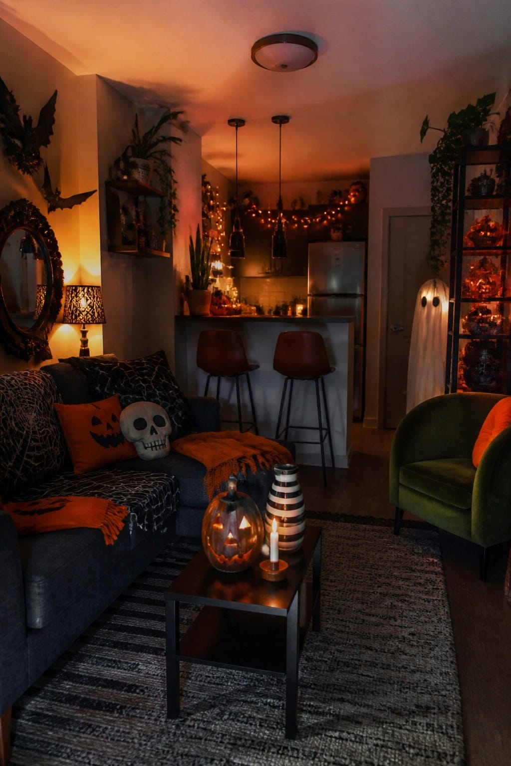 Living room with glowing jack o lanterns on a coffee table, a skull and jack o lantern pillows on a gray sofa, and bats mounted on the wall near a mirror.