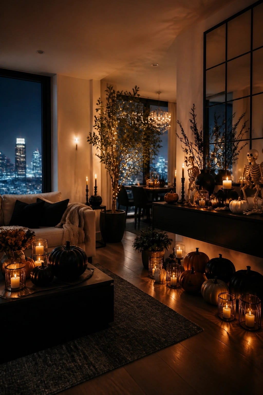 Apartment living room console decorated with standing skeletons, black branches, candles, and pumpkins.