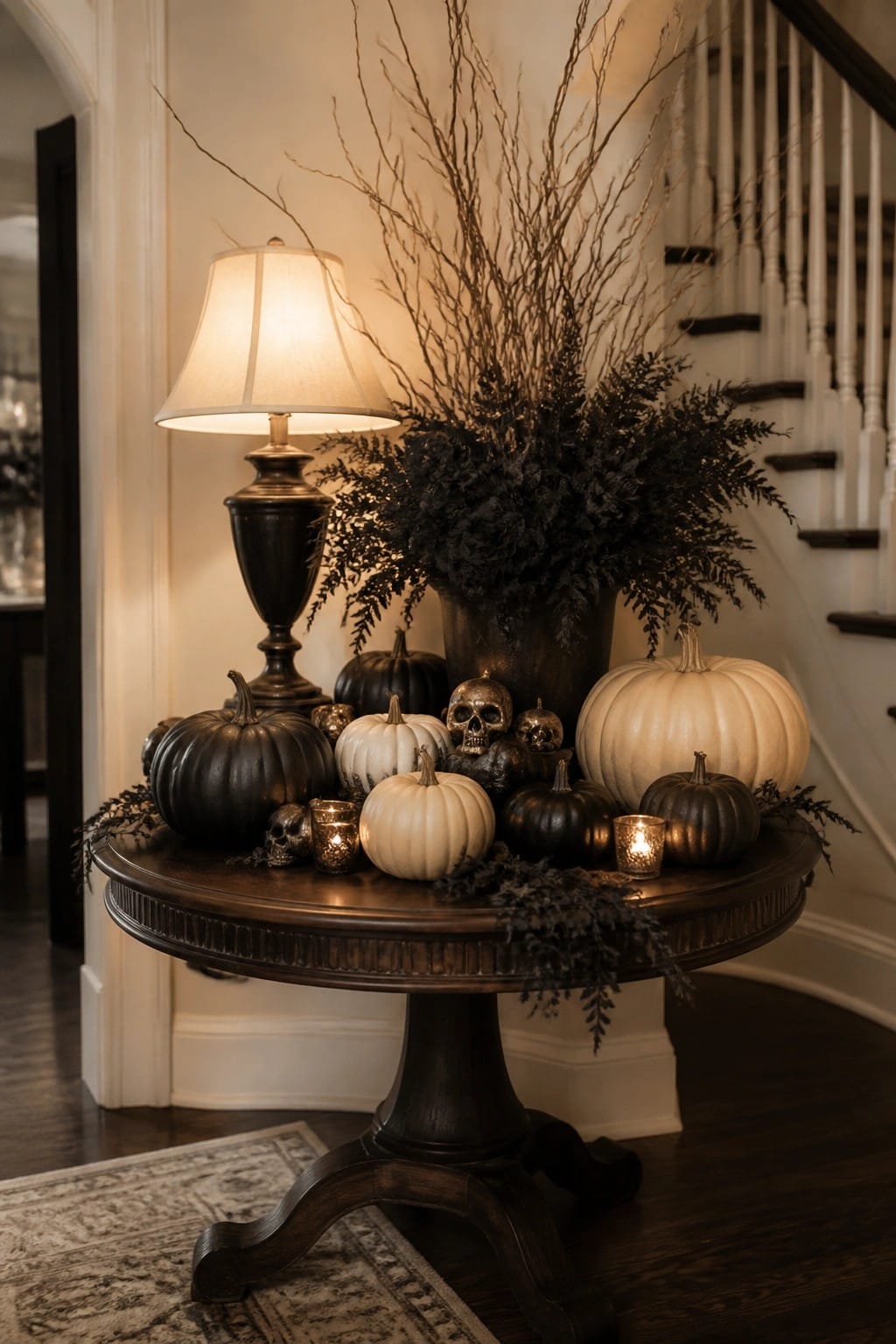 Dark wooden table with black and white pumpkins, skulls, lamp, candles, and branches