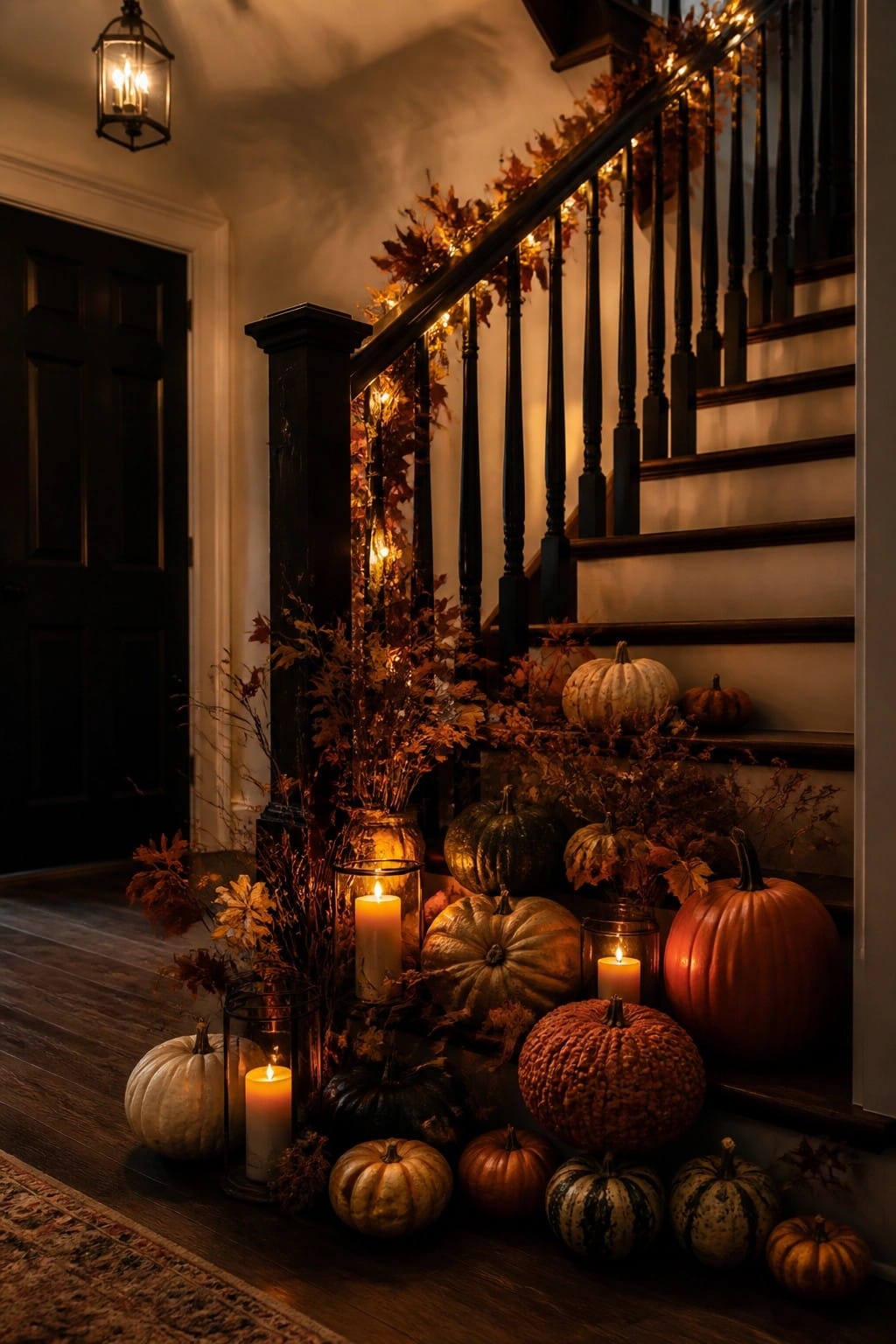 Staircase lined with assorted pumpkins of varying colors and textures, lit candles in lanterns, and string lights along the railing.