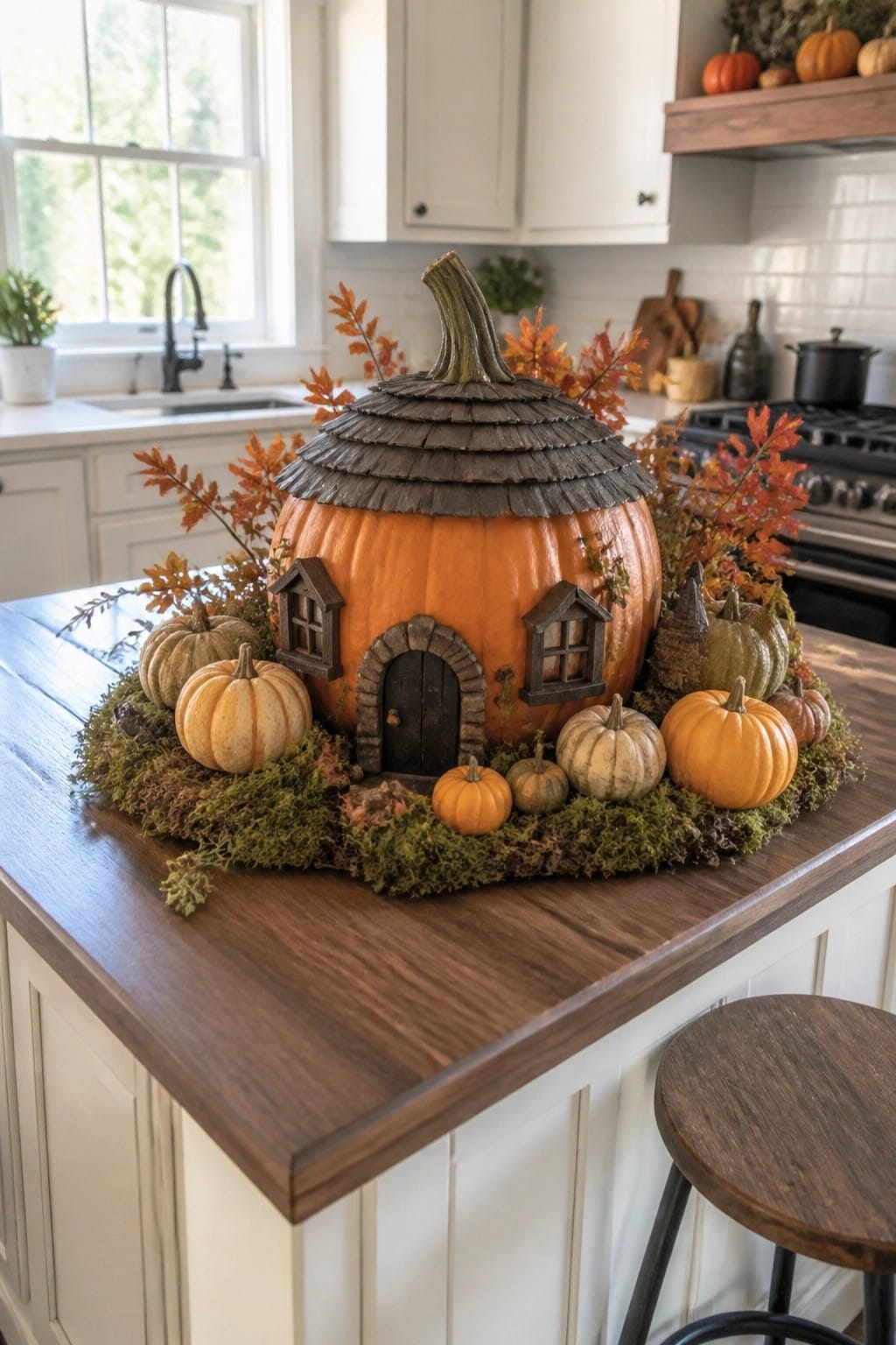 Large orange pumpkin decorated as a miniature house with a dark shingled roof, wooden door, and windows, displayed on a kitchen island with smaller pumpkins and moss.