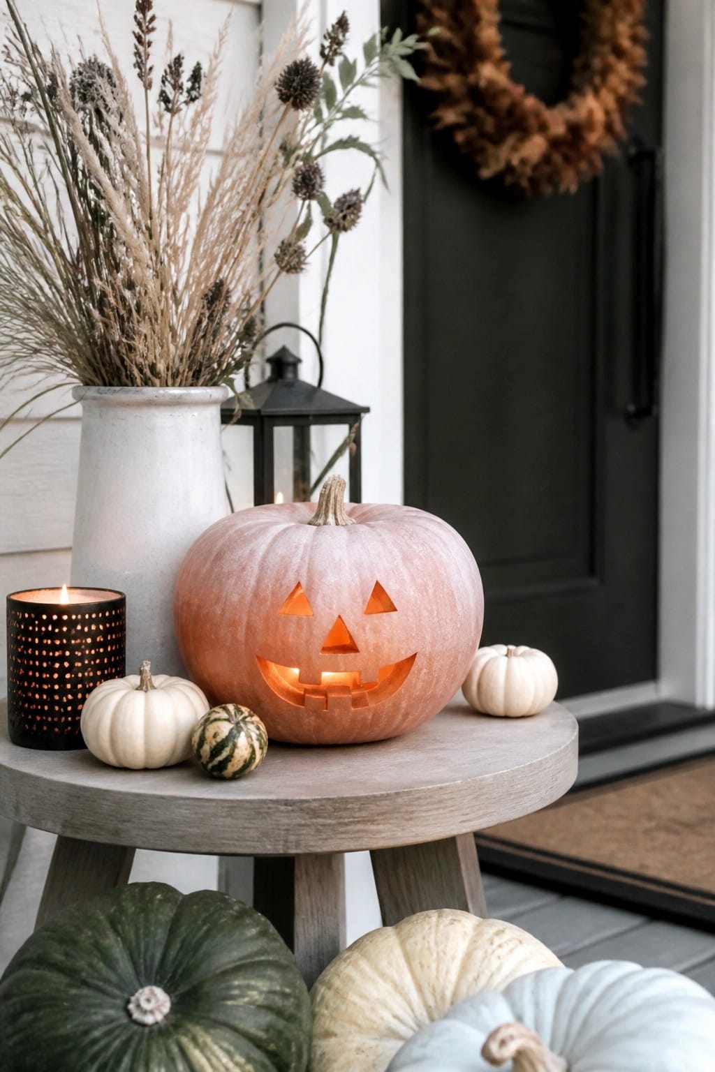 Glowing carved pumpkin on wooden table with autumn gourds, candle, and dried flowers