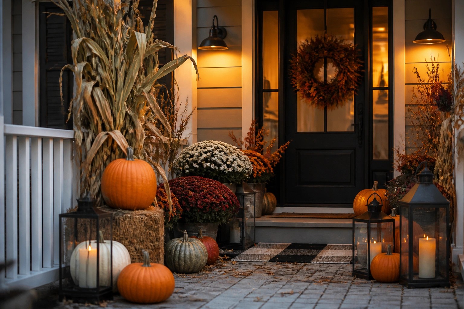 Front porch steps lined with pumpkins in orange, white, green, and striped varieties, along with black lanterns holding lit candles and a fall wreath on the dark door.