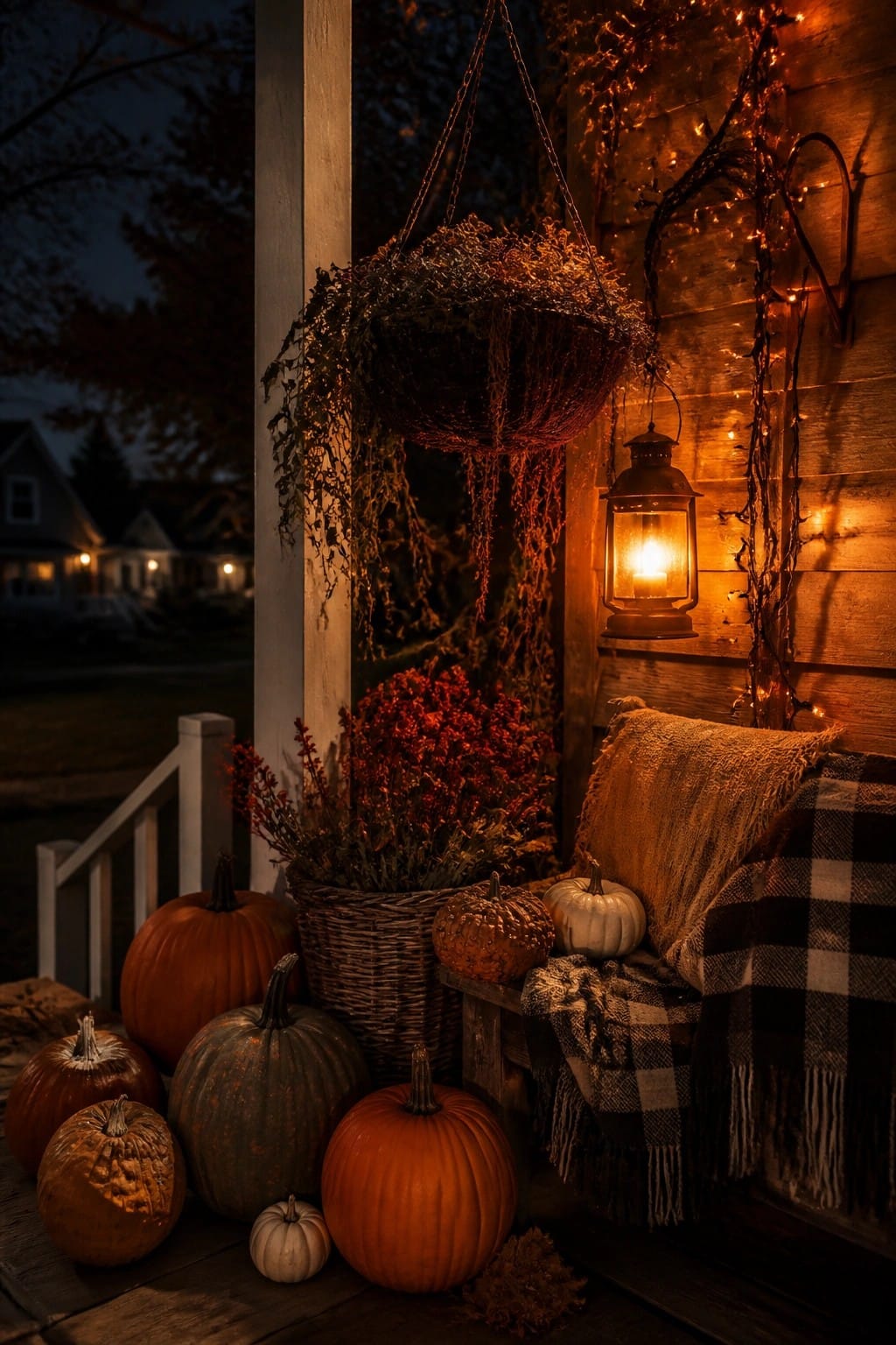 Pumpkins, glowing lantern, string lights, and plaid blanket on wooden autumn porch.