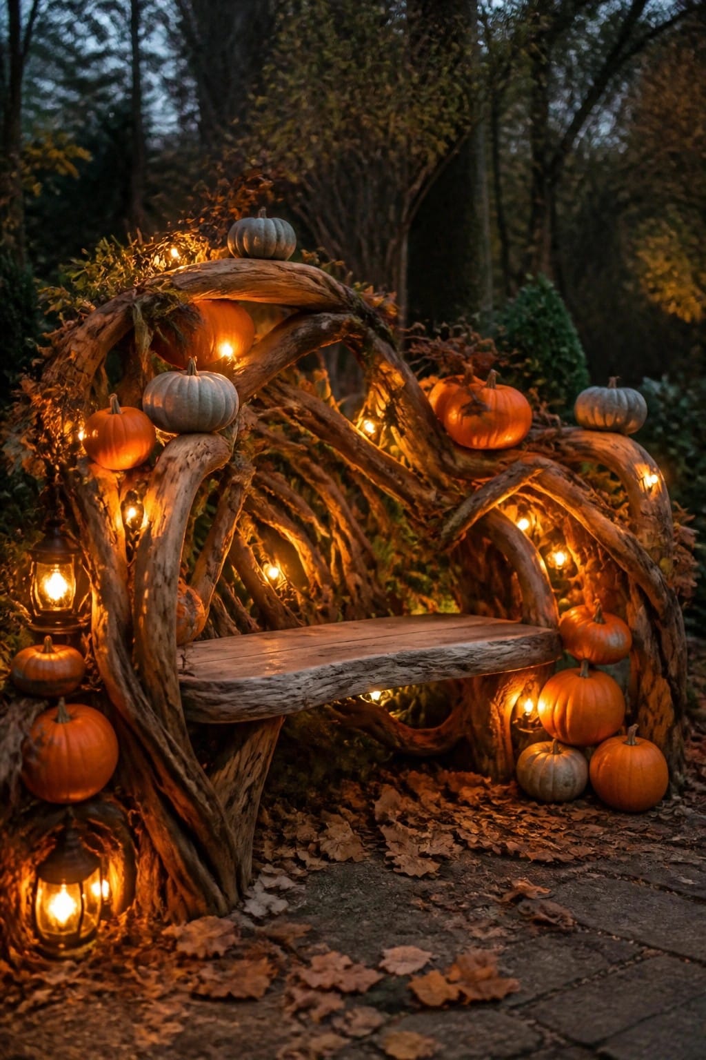 Rustic branch bench adorned with glowing pumpkins, string lights, and lanterns in autumn woods.