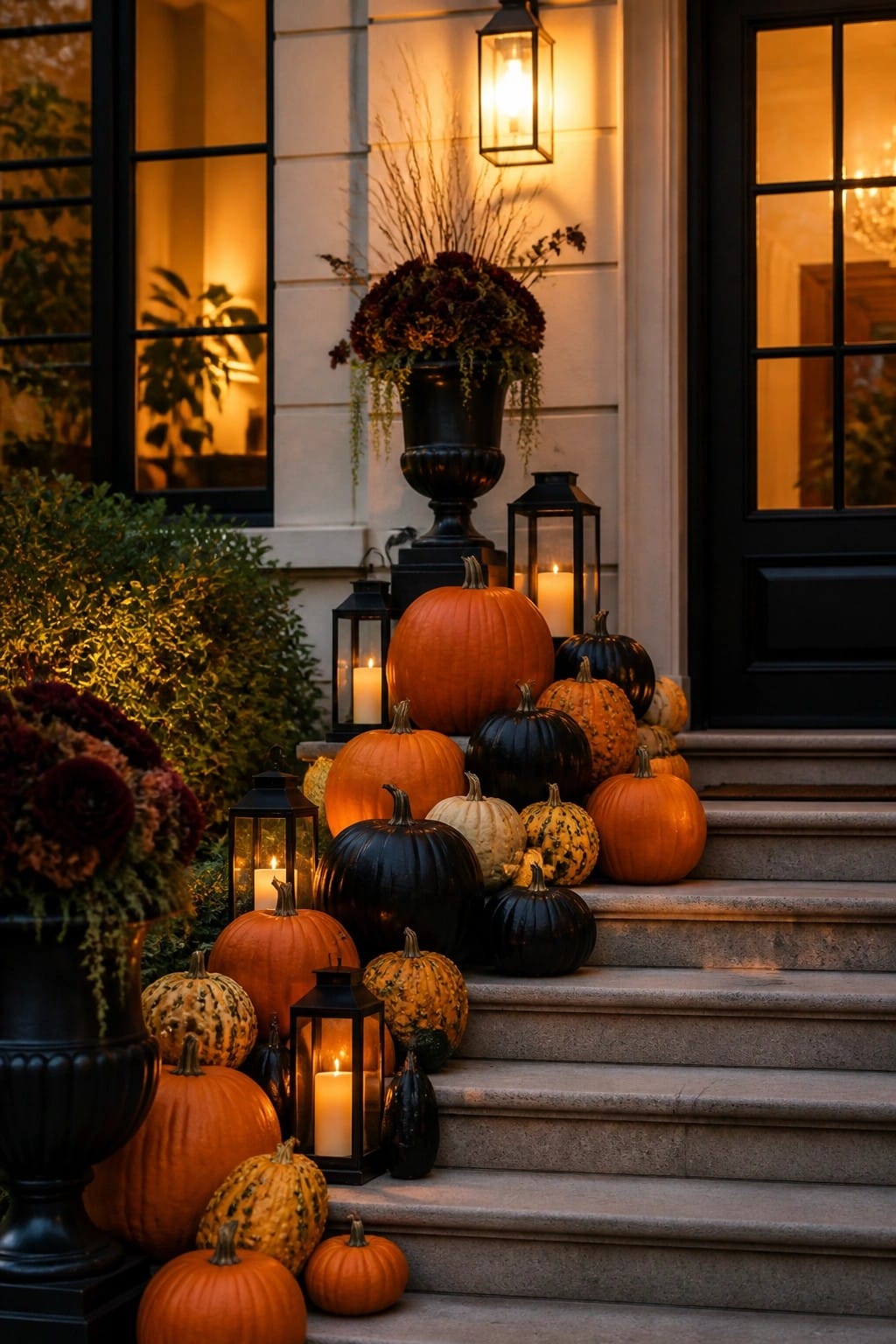 Pumpkins in orange, black, and speckled hues decorate stone steps with glowing lanterns.