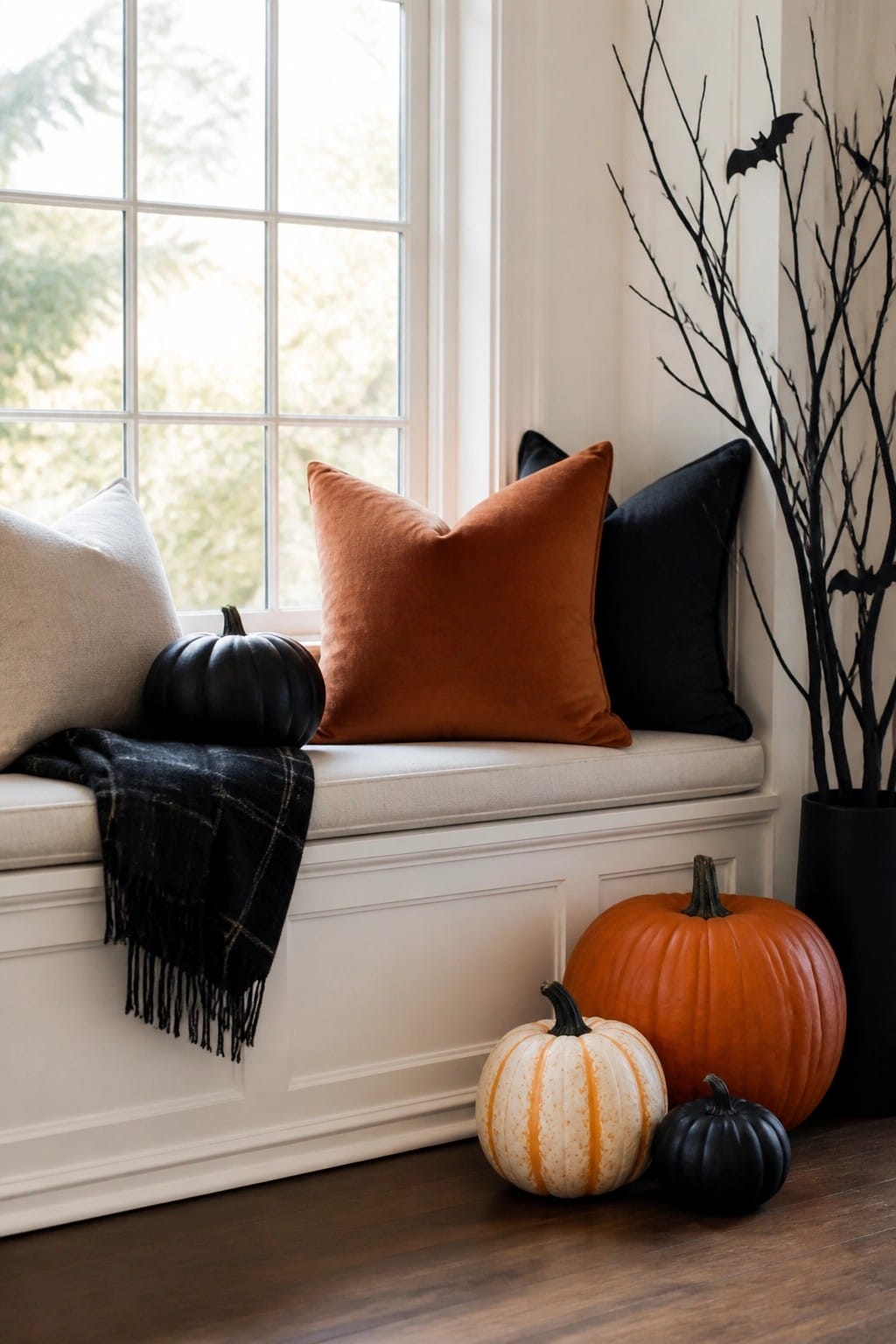 Window seat with orange, black, and white pumpkins arranged beside a black vase holding bare branches decorated with bat cutouts.