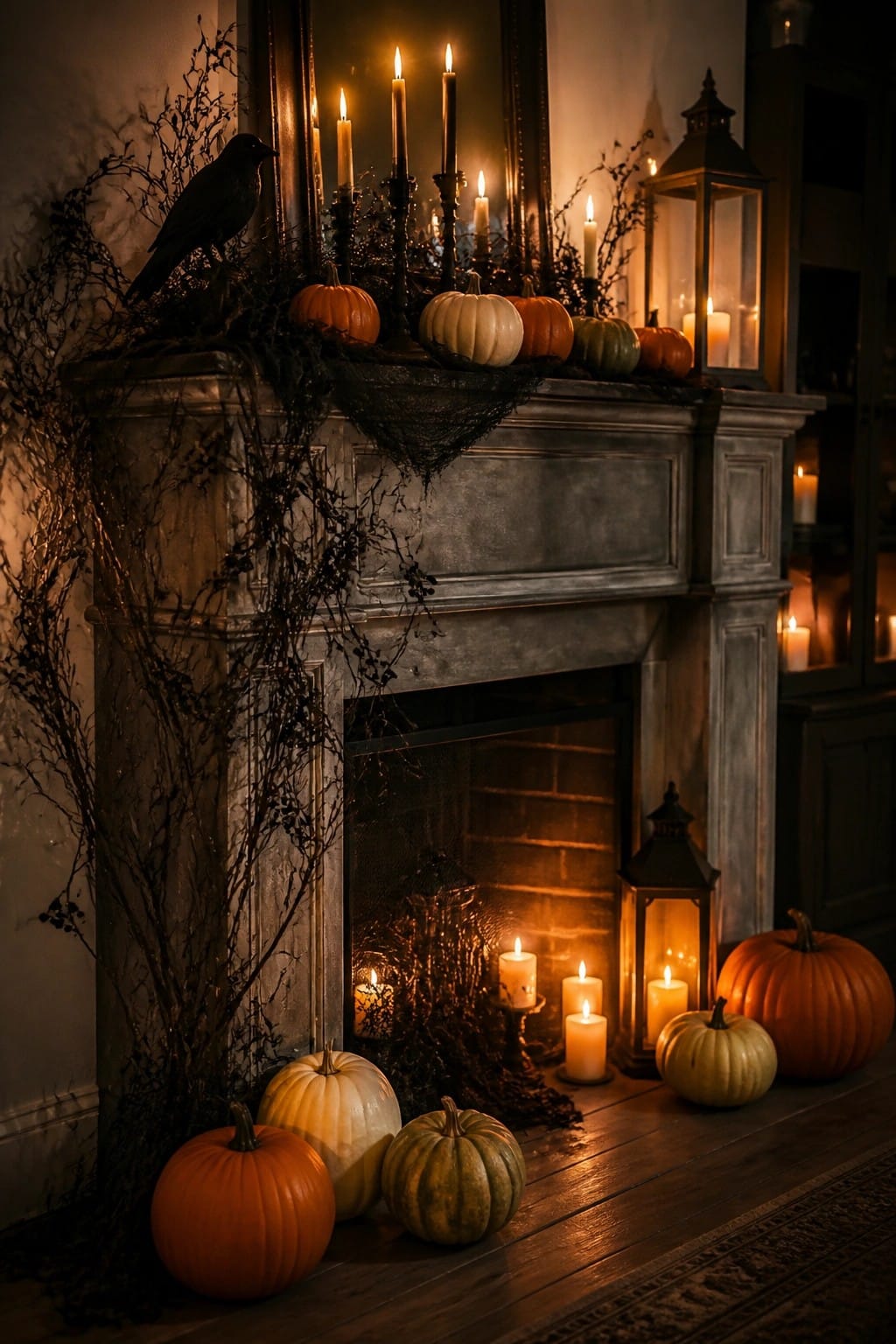Fireplace mantel decorated with orange, white, and green pumpkins, black branches, a crow, candles, and lanterns.
