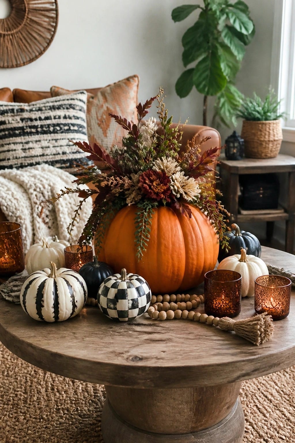 Autumn pumpkin centerpiece with floral arrangement, checkered gourds, and lit candles on wood table