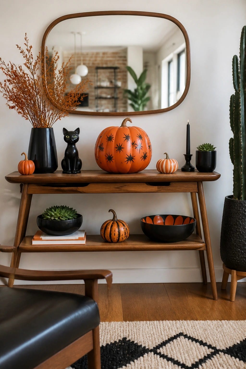 Wooden console table with painted pumpkin, black cat figurine, succulents, candle, and mirror above.
