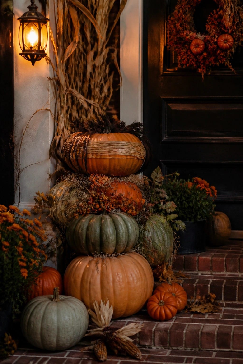A front porch with a tall stack of orange and green pumpkins wrapped in raffia, surrounded by smaller pumpkins, dried corn stalks, and mums near a dark door.
