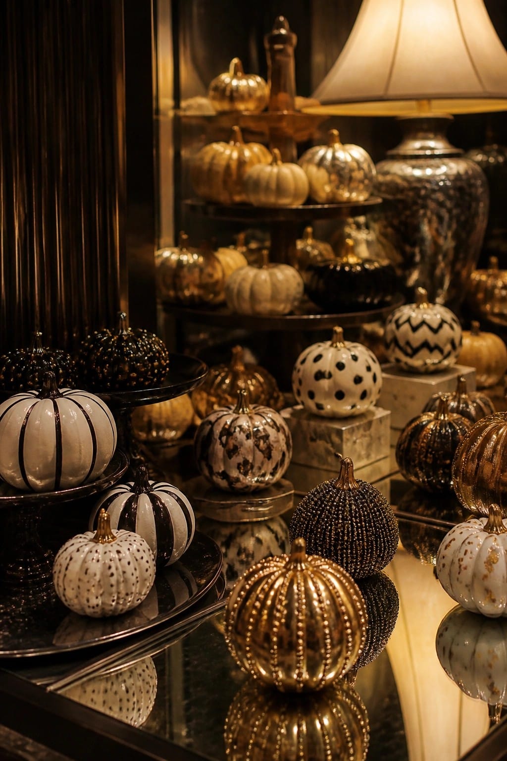 A tabletop display of mini pumpkins painted in white, black, gold, and silver with patterns including stripes, polka dots, chevrons, and beading arranged on trays and stands.