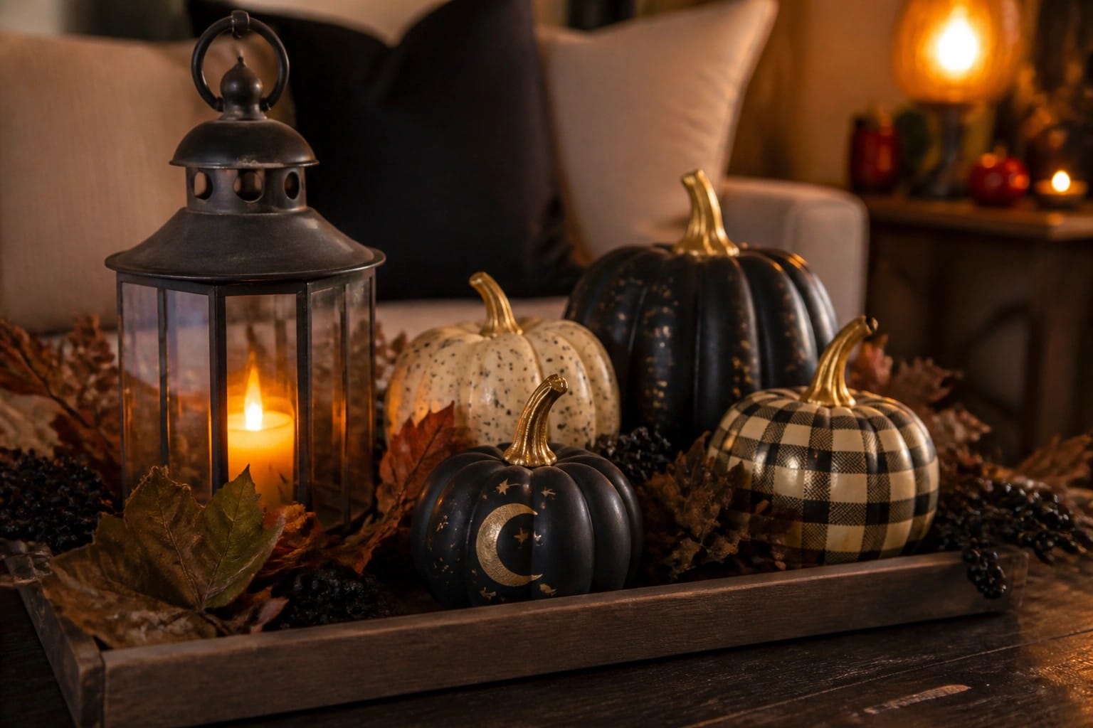 Orange, black, and polka-dotted pumpkins with lit lantern and vases on wooden tray.