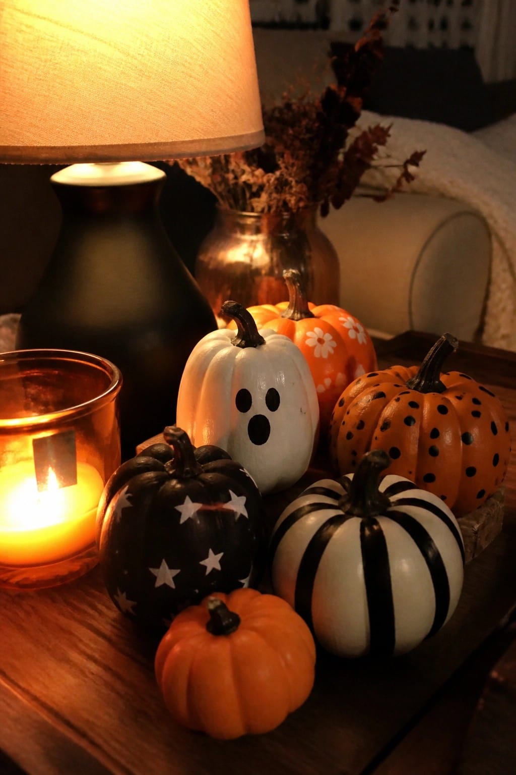 Assorted painted pumpkins with stars, stripes, and dots beside lit candle and lamp.