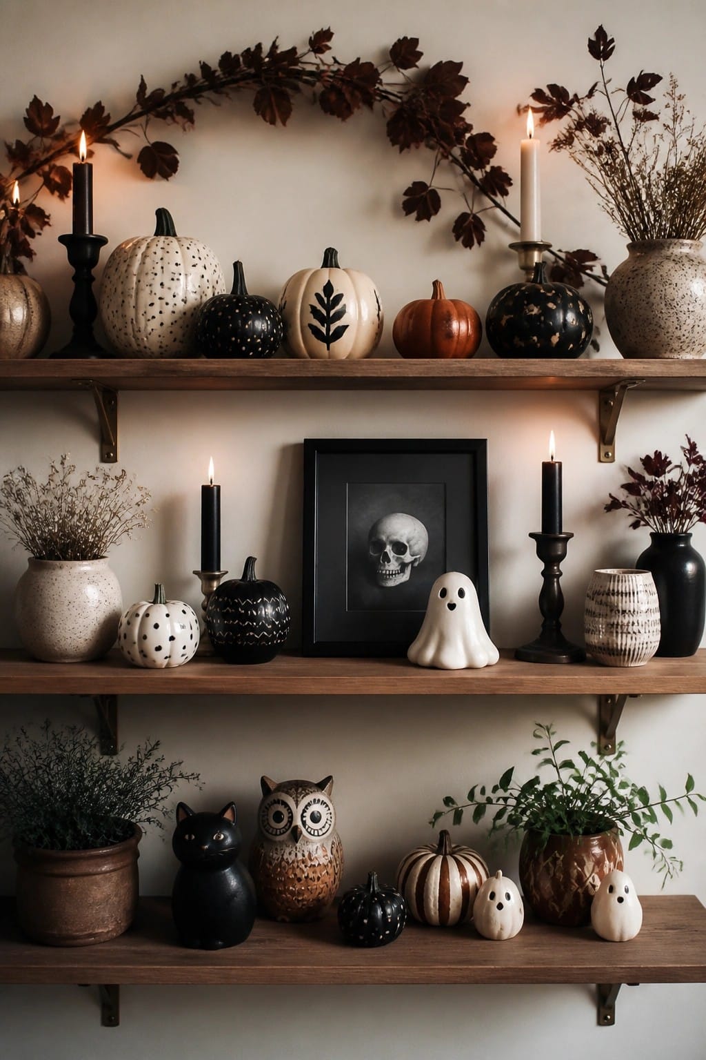 Three wooden shelves displaying various painted mini pumpkins, small ghost figures, a framed skull print, and black cat and owl figurines.