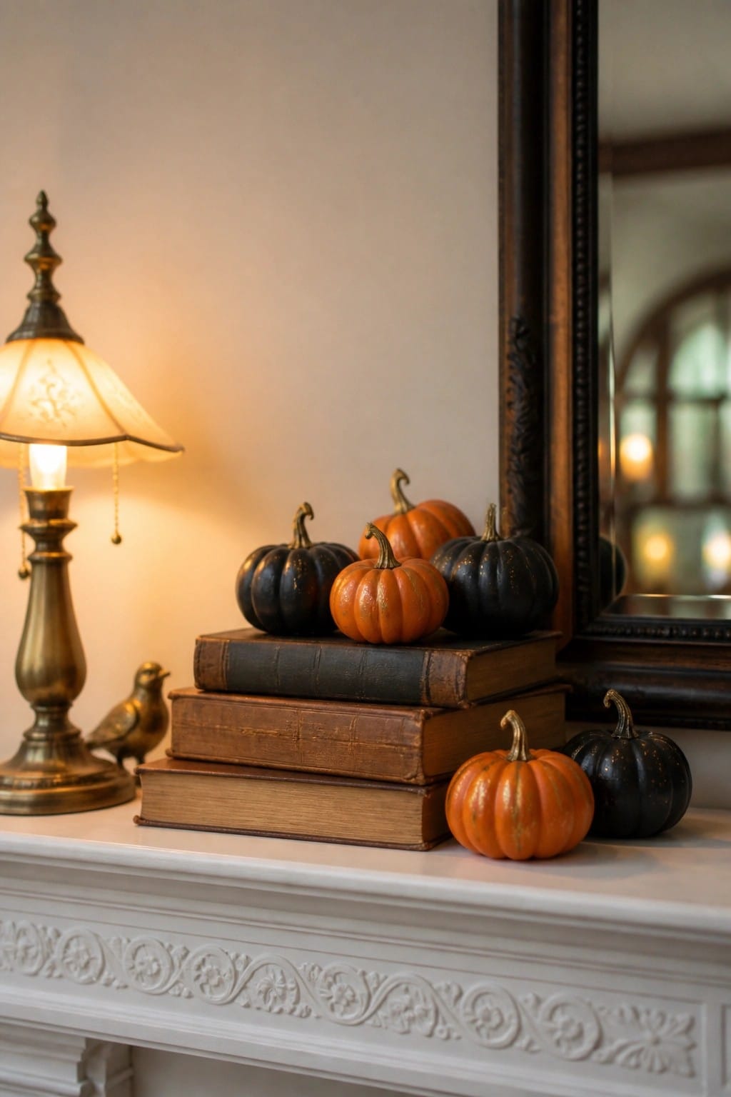 Stacked vintage books, orange and black pumpkins on white mantel with brass lamp