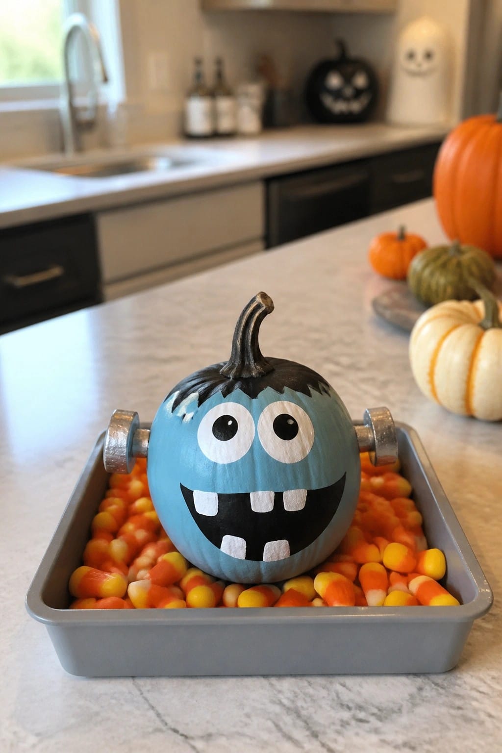 Blue Frankenstein pumpkin with bolts in gray pan of candy corn on counter