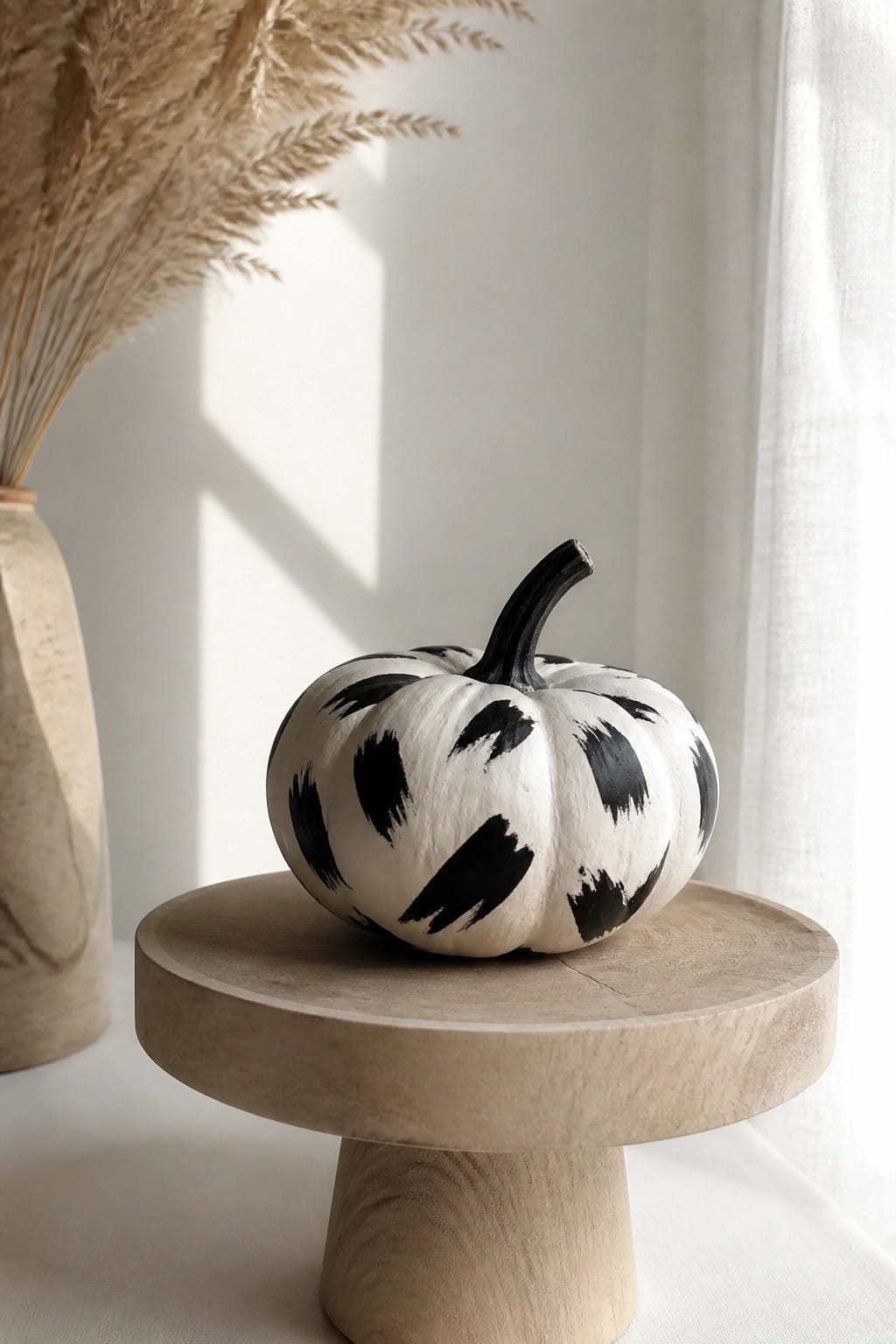 A small white pumpkin with black brushstroke paint sits on a light wooden pedestal beside a vase of dried grasses.