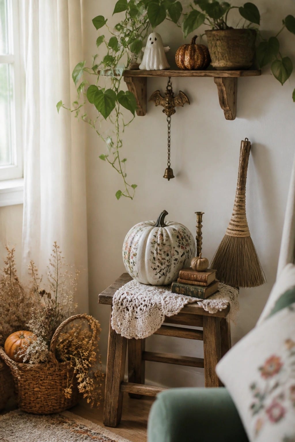 A wooden stool holds a large white pumpkin painted with flowers, a small pumpkin on stacked books, and a lace cloth underneath, with a ghost figurine and bat decoration on the shelf above.