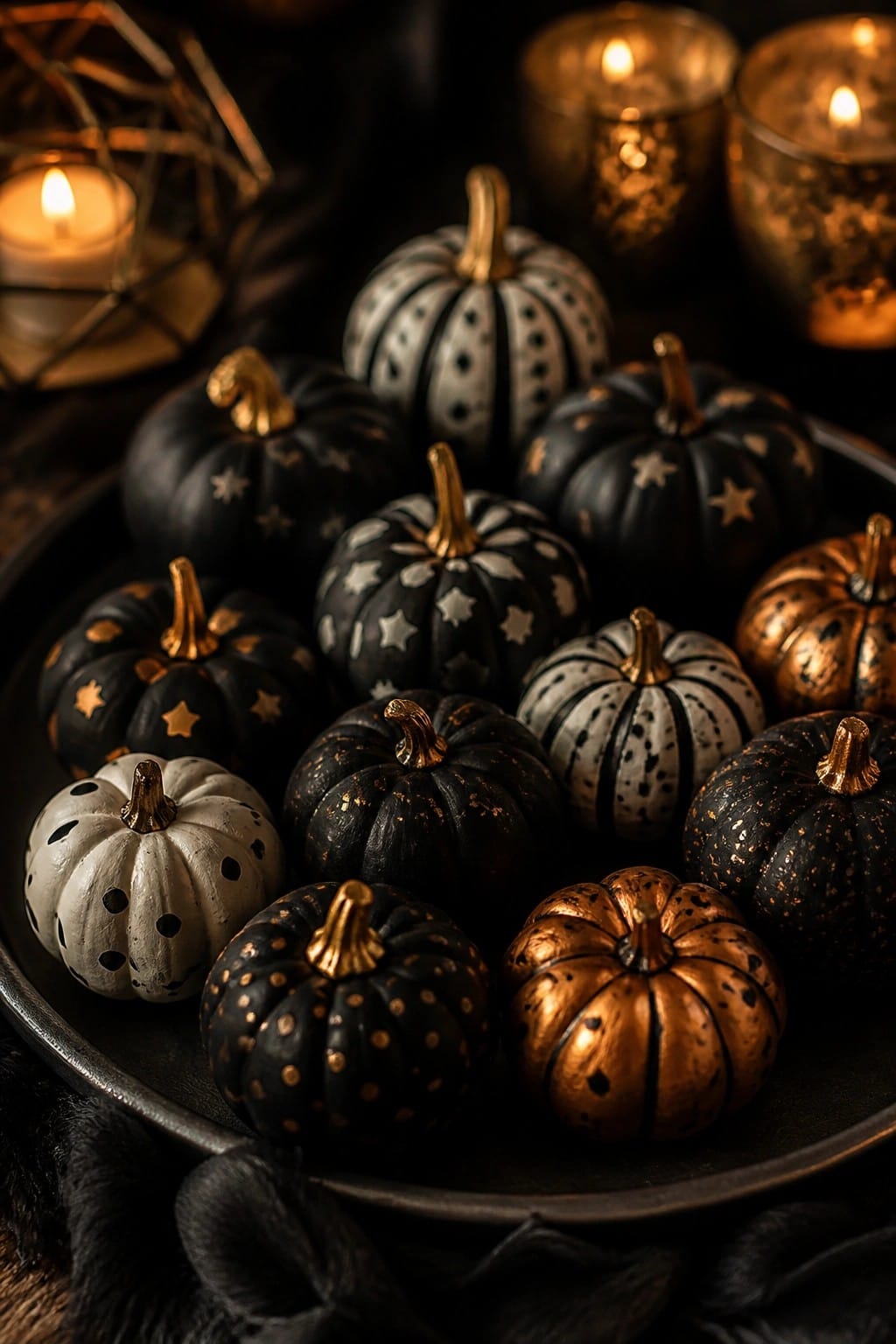 Decorative black, white, and gold patterned pumpkins on a dark tray with glowing candles.