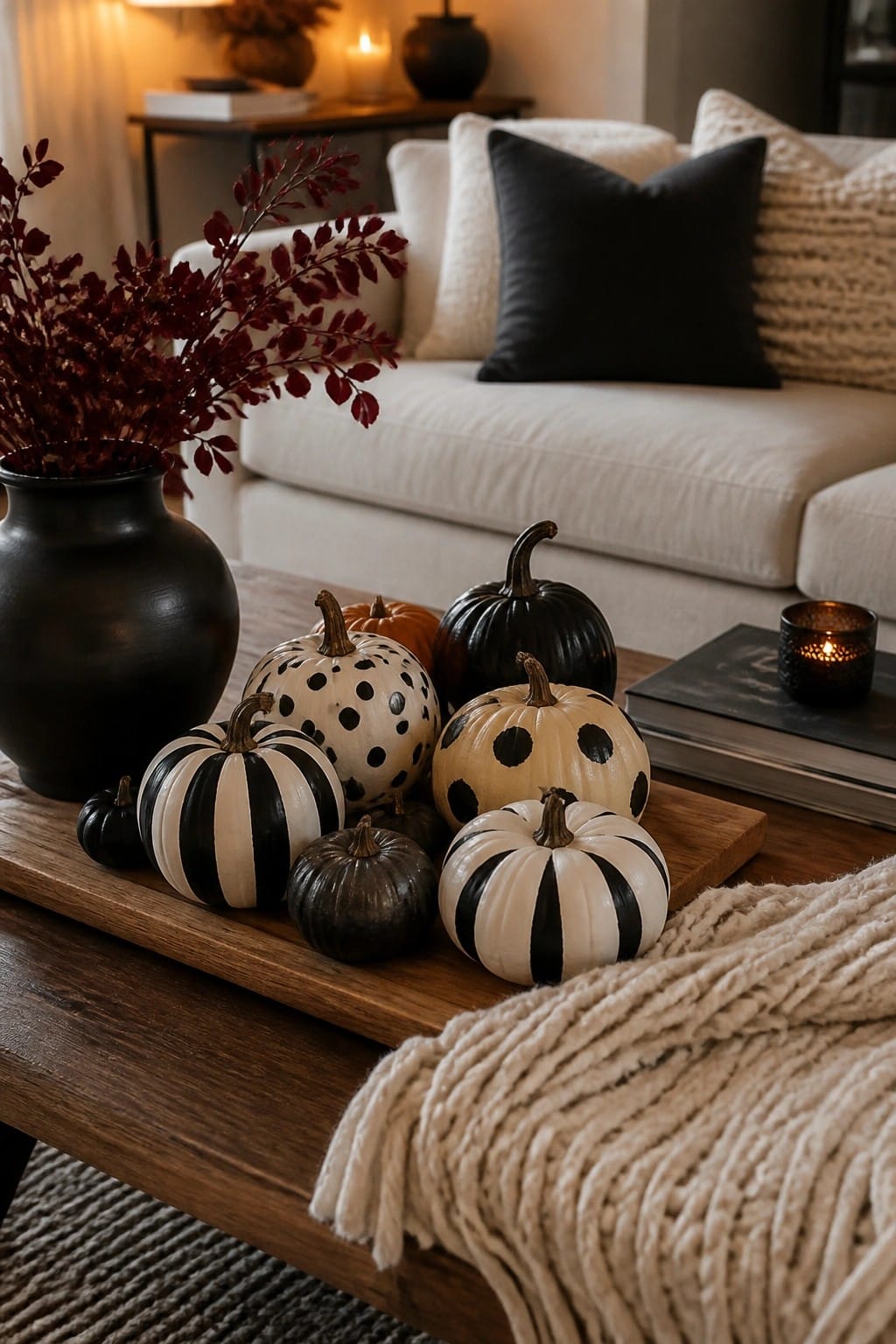 Coffee table with a wooden tray holding several mini pumpkins painted in black and white stripes and polka dots, arranged in front of a white sofa.