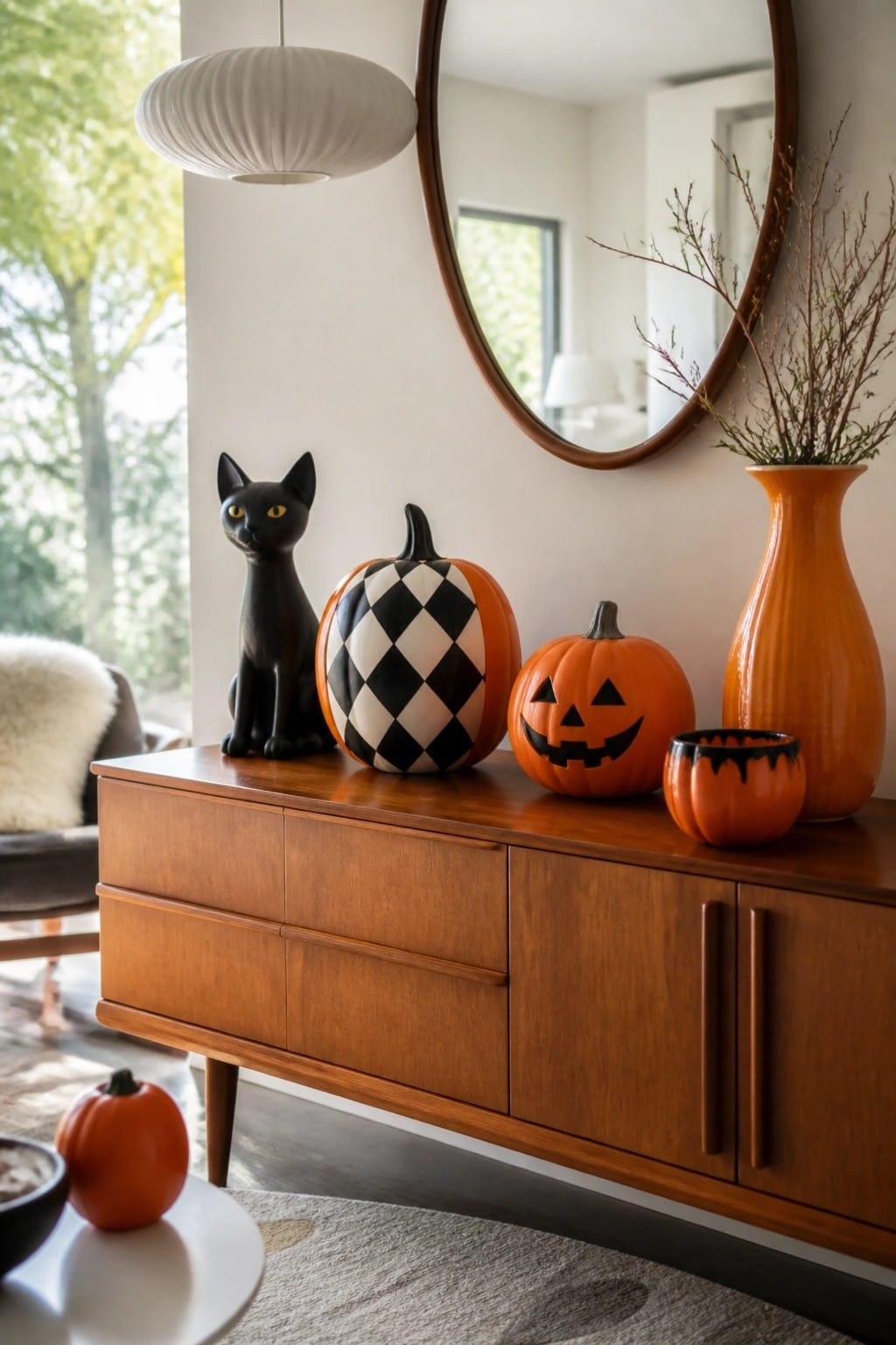Wooden credenza with black cat, patterned pumpkins, orange vase, and round mirror.